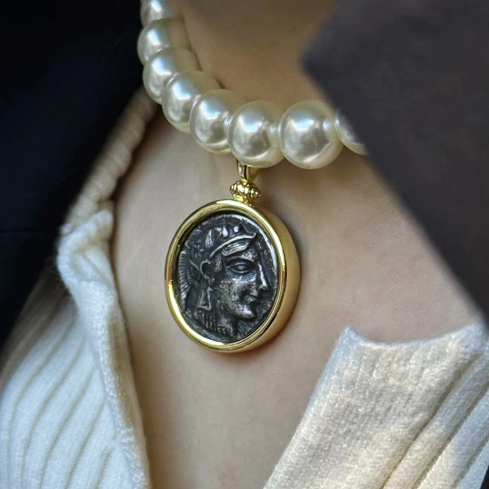 Amorita Vintage Roman Coin Necklace featuring a 3cm pendant with a portrait coin design on a stylish link chain.