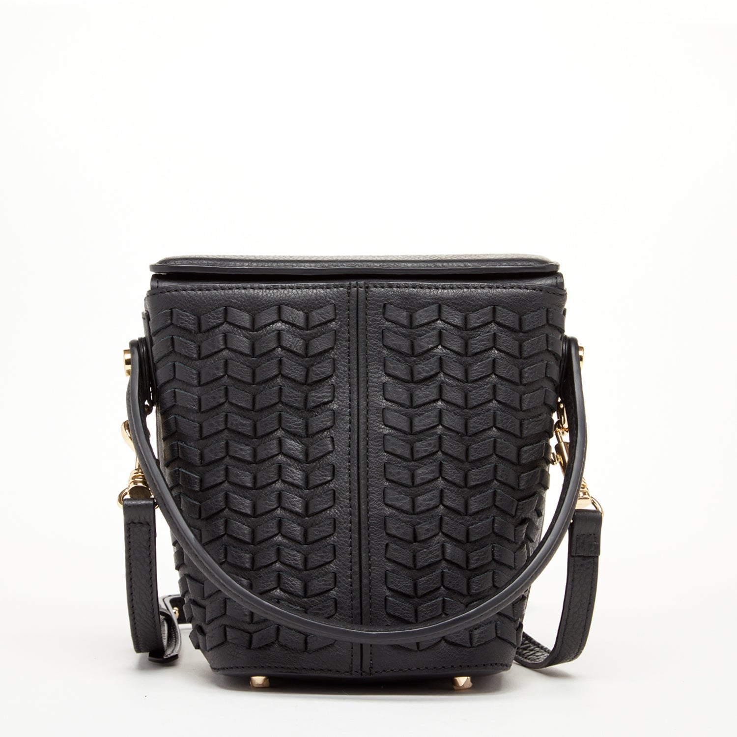 Anna Woven Leather Bag in Black with basket weave design, featuring adjustable strap and teal interior.