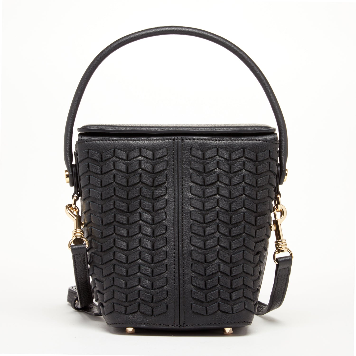 Anna Woven Leather Bag in Black with basket weave design, featuring adjustable strap and teal interior.