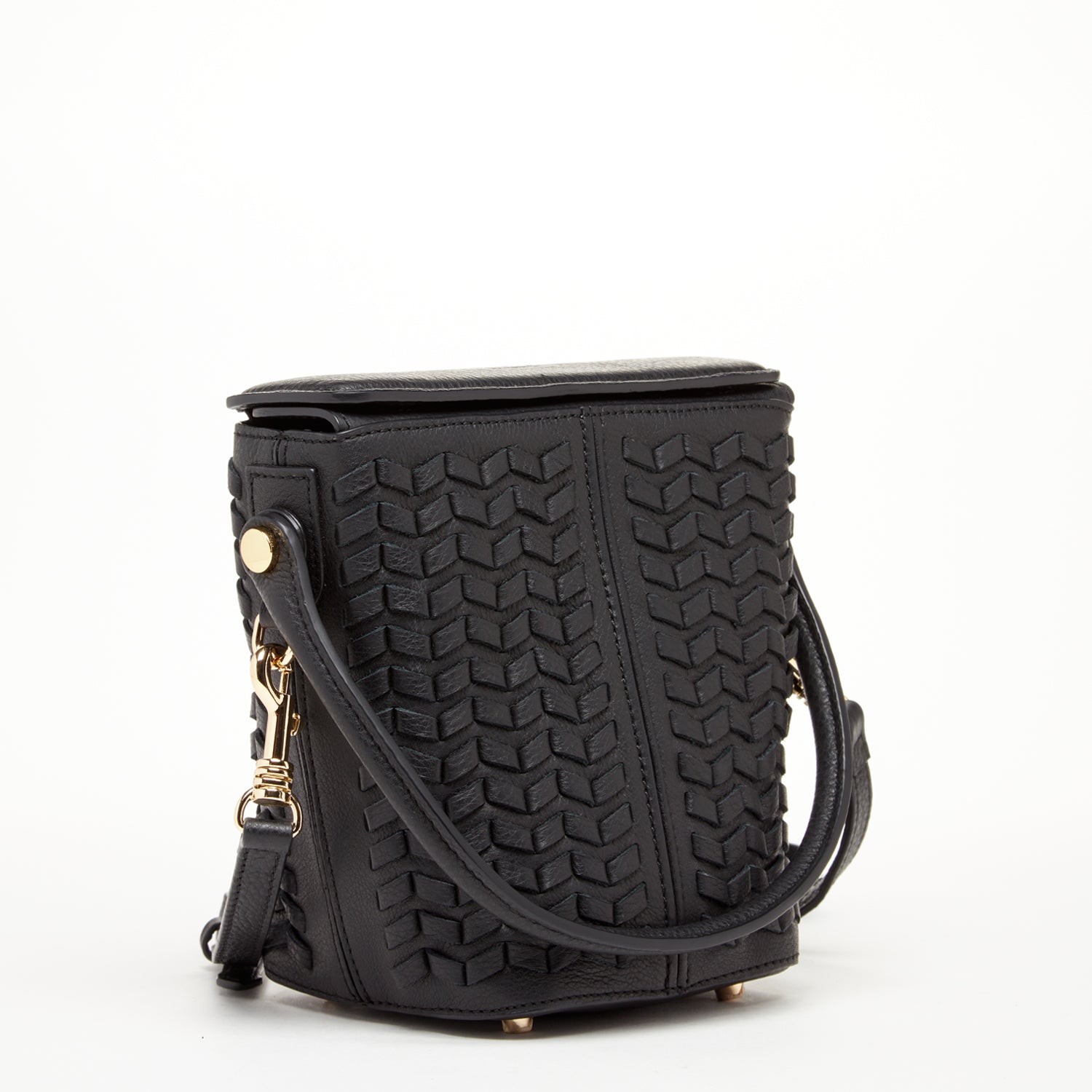 Anna Woven Leather Bag in Black with basket weave design, featuring adjustable strap and teal interior.