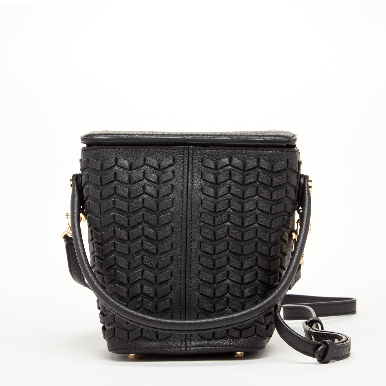 Anna Woven Leather Bag in Black with basket weave design, featuring adjustable strap and teal interior.