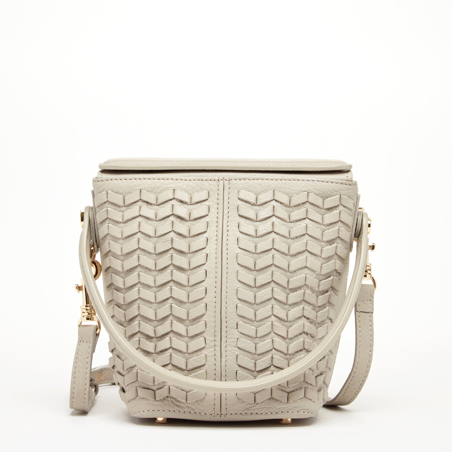 Anna Woven Leather Bag in Grayish Beige with woven design and light gold hardware, featuring a removable crossbody strap and spacious interior.