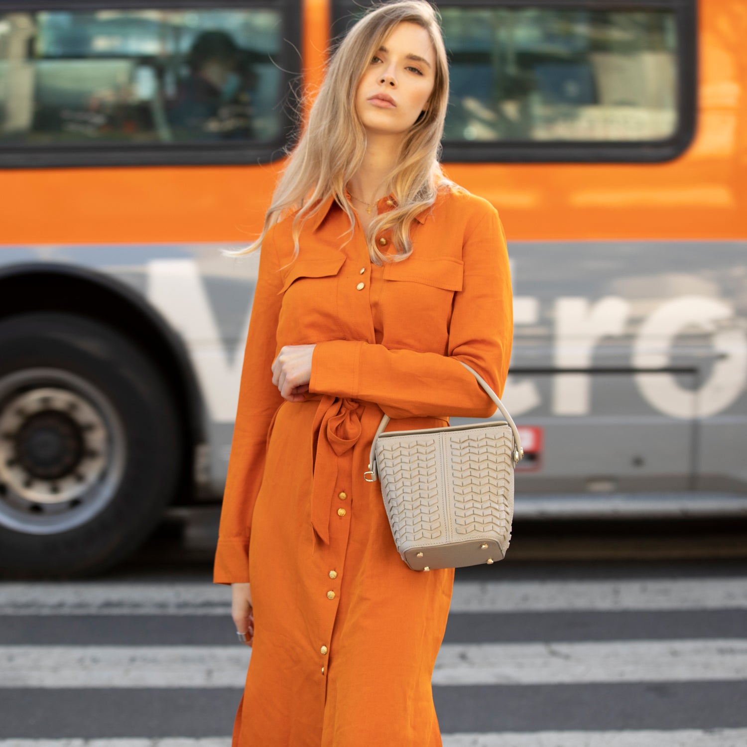 Anna Woven Leather Bag in Grayish Beige with woven design and light gold hardware, featuring a removable crossbody strap and spacious interior.