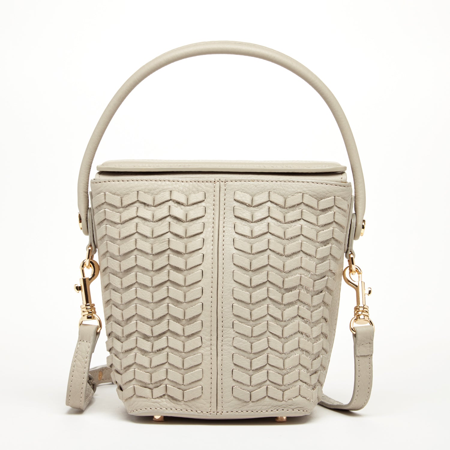 Anna Woven Leather Bag in Grayish Beige with woven design and light gold hardware, featuring a removable crossbody strap and spacious interior.