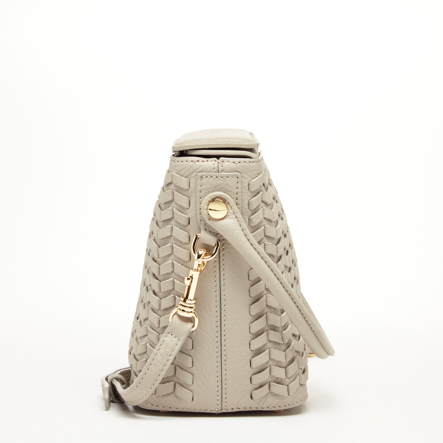 Anna Woven Leather Bag in Grayish Beige with woven design and light gold hardware, featuring a removable crossbody strap and spacious interior.