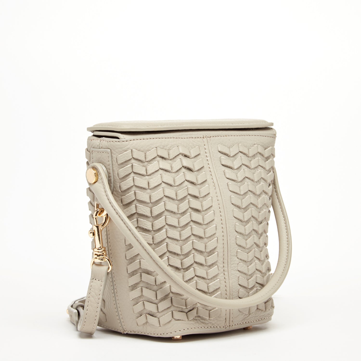 Anna Woven Leather Bag in Grayish Beige with woven design and light gold hardware, featuring a removable crossbody strap and spacious interior.