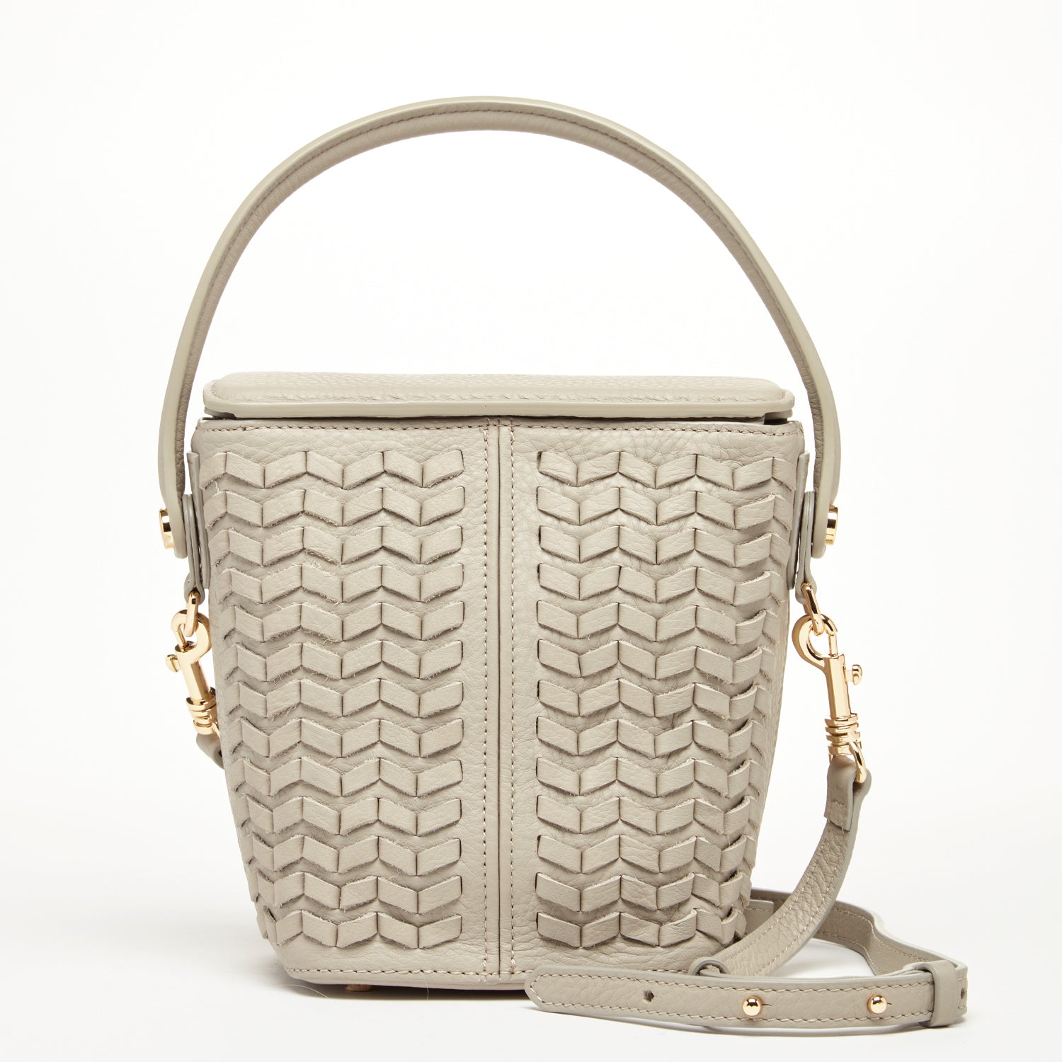 Anna Woven Leather Bag in Grayish Beige with woven design and light gold hardware, featuring a removable crossbody strap and spacious interior.