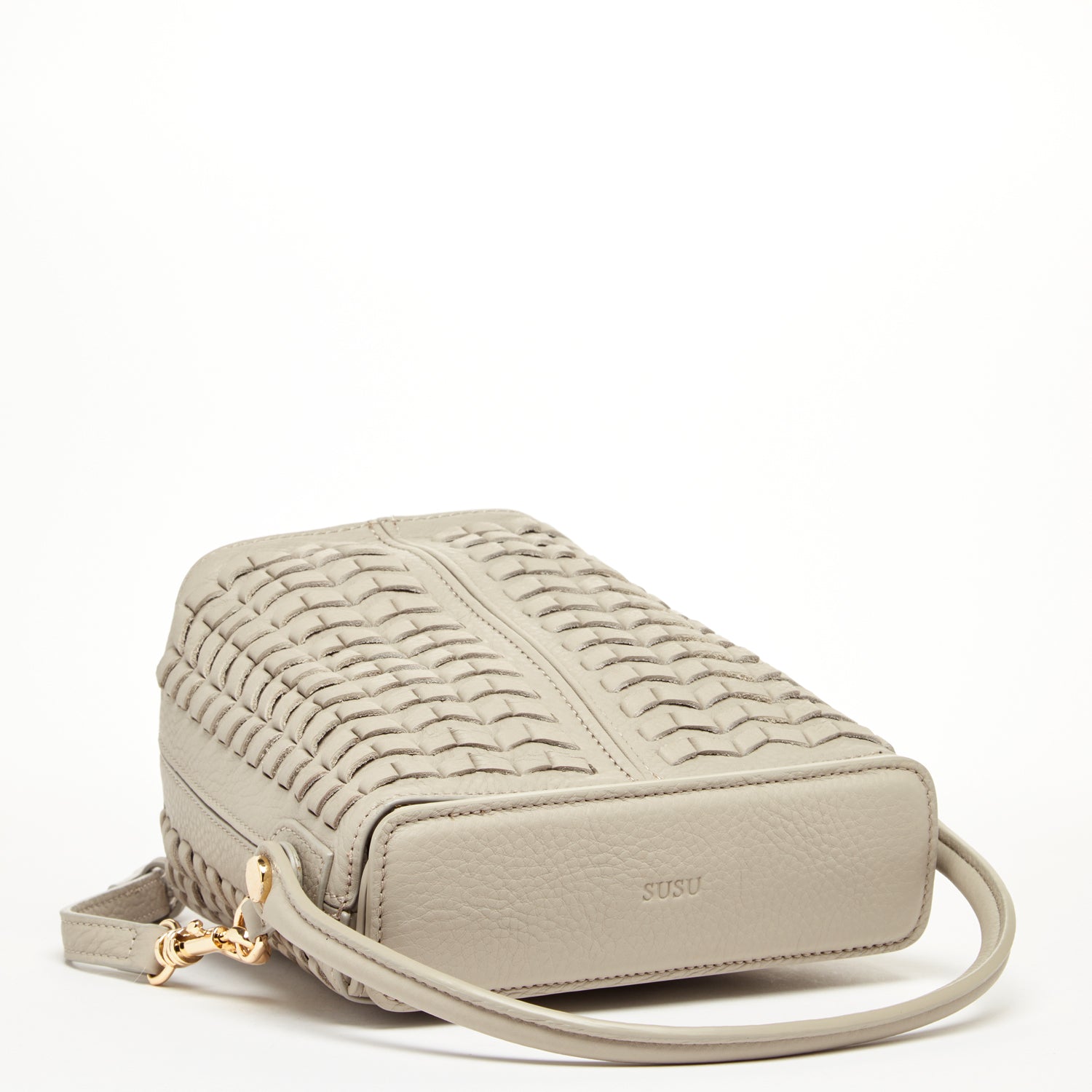 Anna Woven Leather Bag in Grayish Beige with woven design and light gold hardware, featuring a removable crossbody strap and spacious interior.