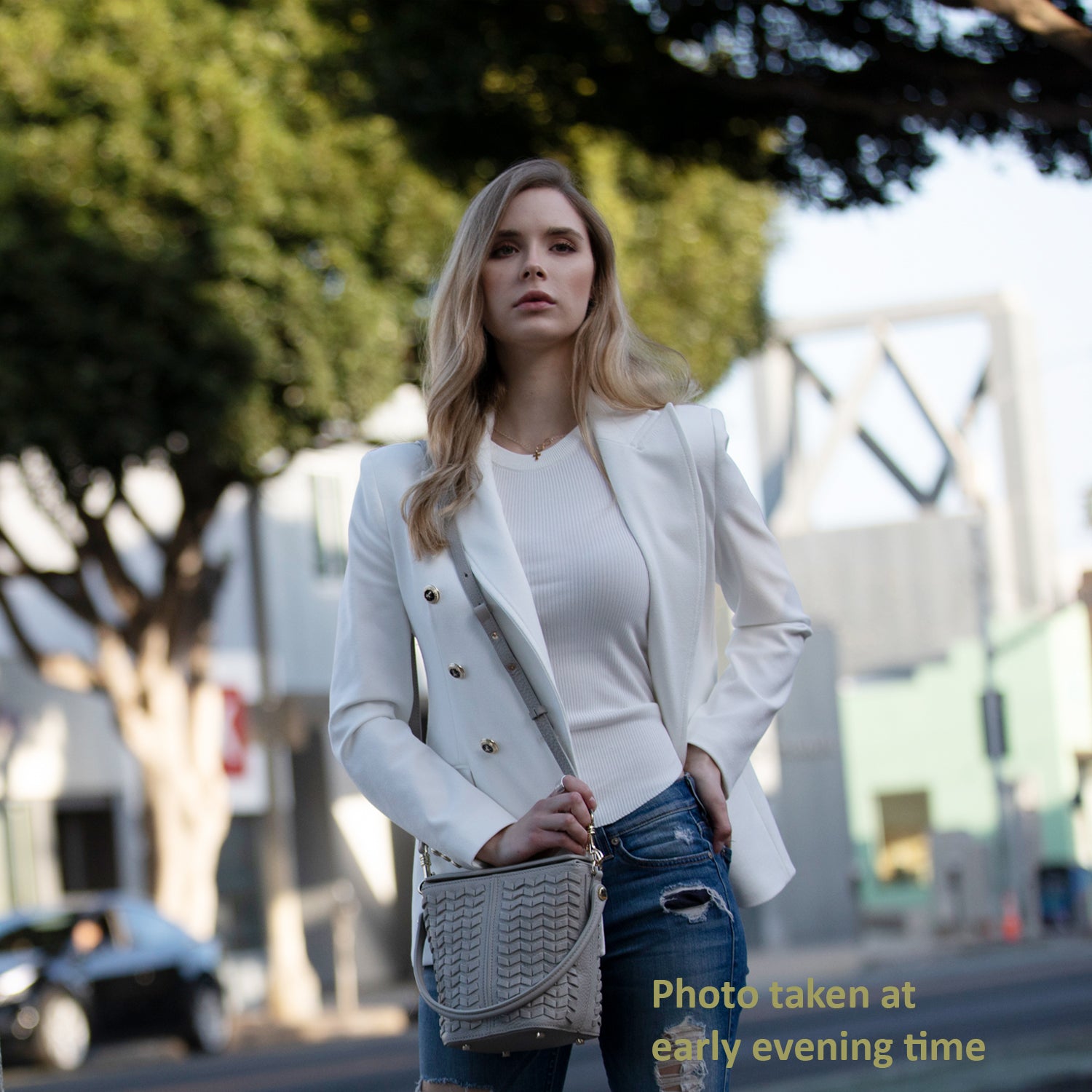 Anna Woven Leather Bag in Grayish Beige with woven design and light gold hardware, featuring a removable crossbody strap and spacious interior.