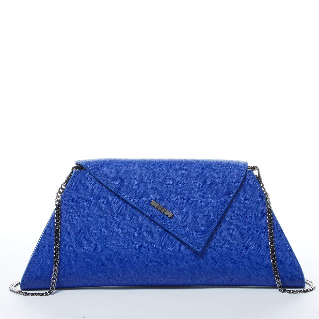 Angelica Cobalt Blue Leather Clutch Bag with diagonal flap and removable chain strap, showcasing its elegant design and vibrant color.