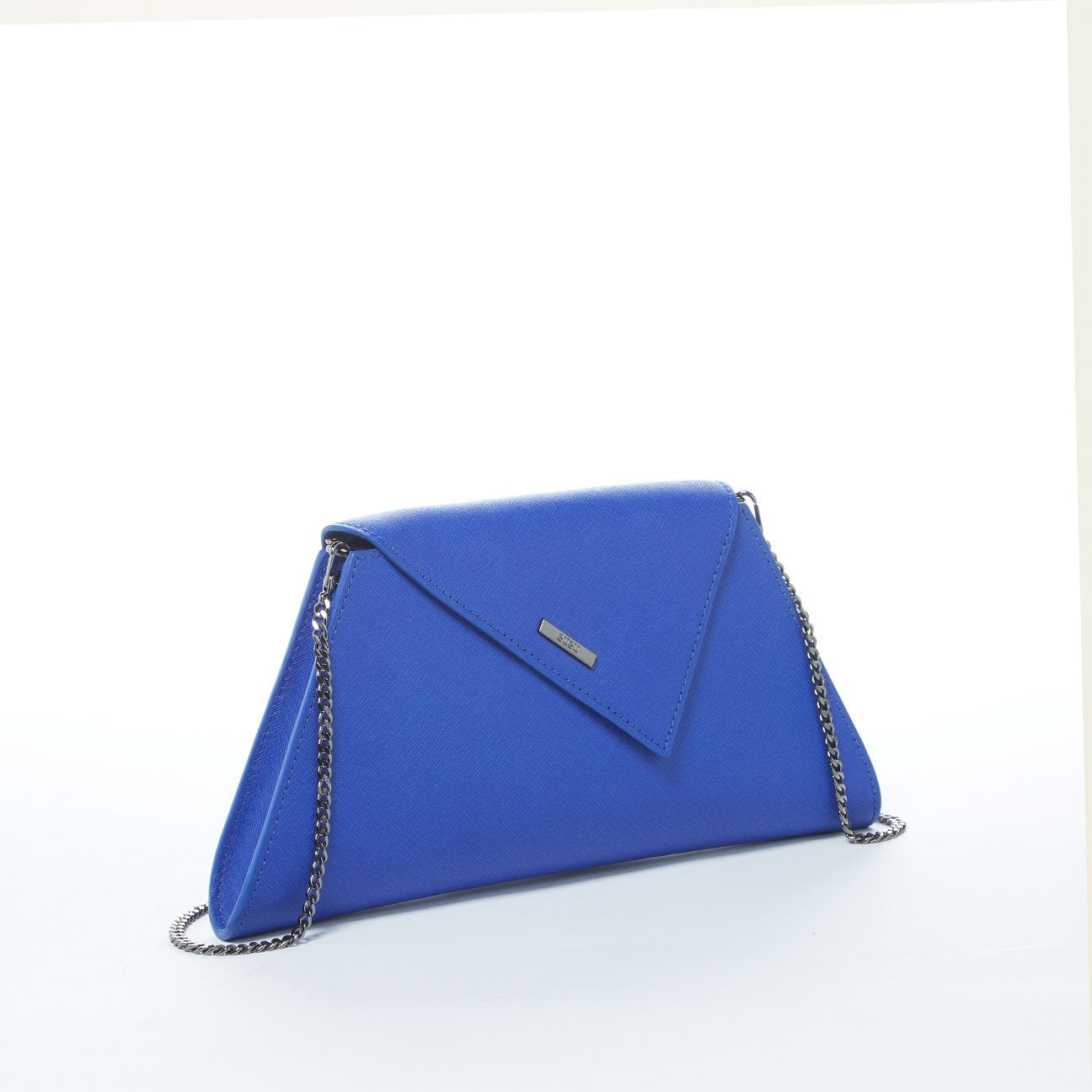 Angelica Cobalt Blue Leather Clutch Bag with diagonal flap and removable chain strap, showcasing its elegant design and vibrant color.