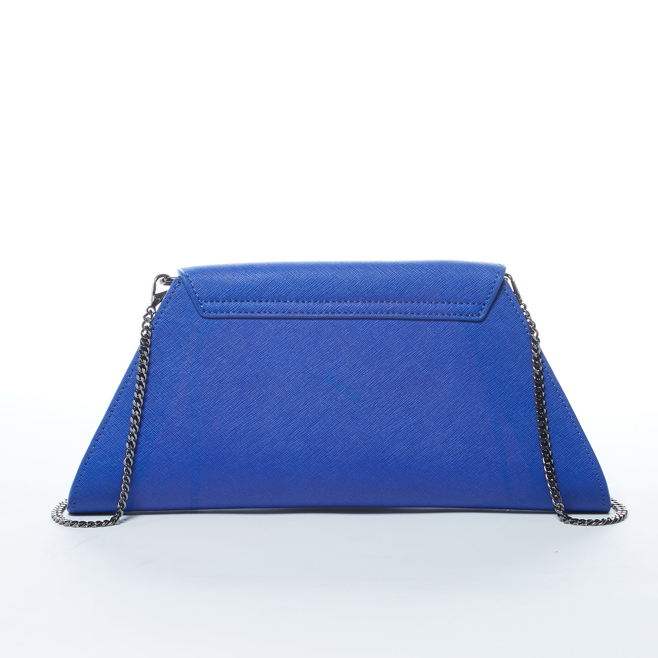 Angelica Cobalt Blue Leather Clutch Bag with diagonal flap and removable chain strap, showcasing its elegant design and vibrant color.