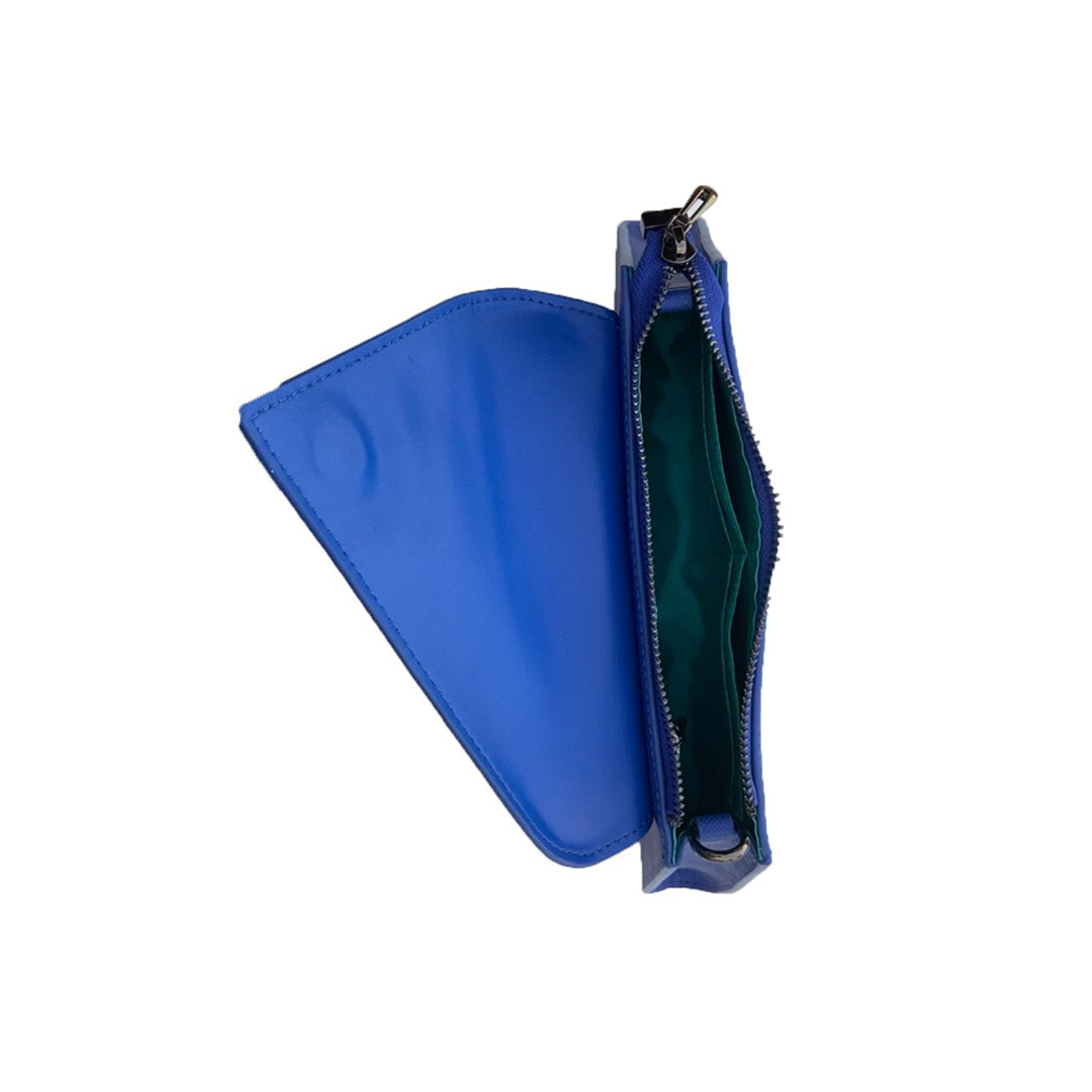 Angelica Cobalt Blue Leather Clutch Bag with diagonal flap and removable chain strap, showcasing its elegant design and vibrant color.