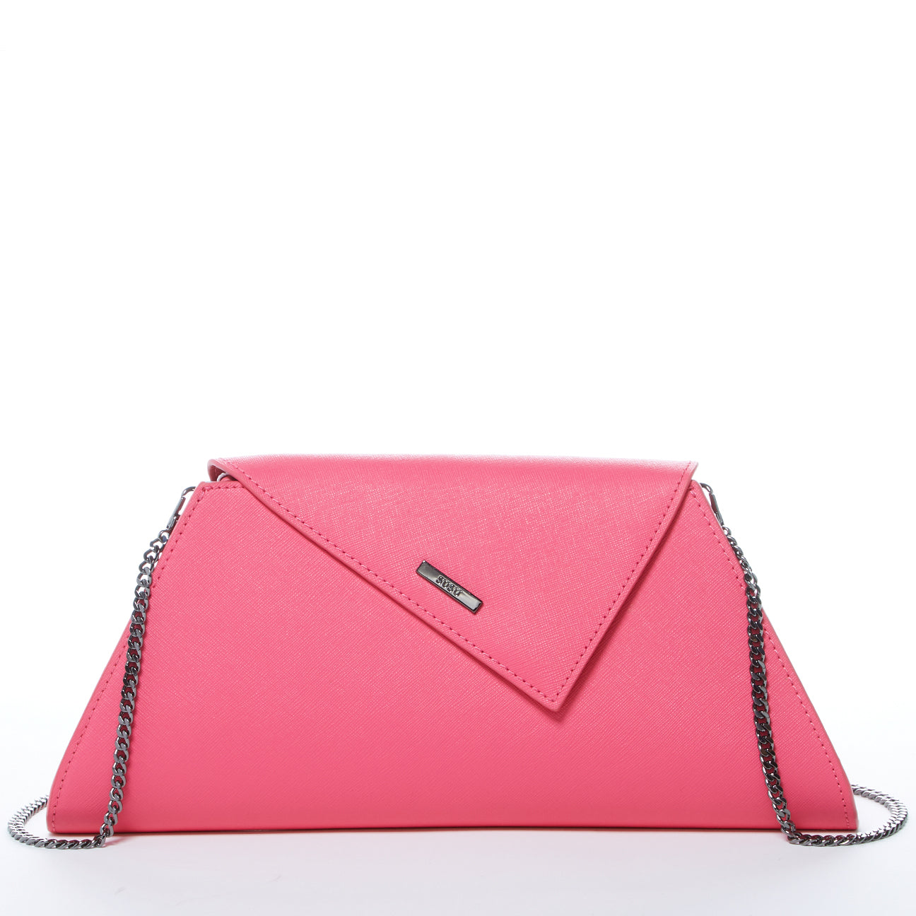 Angelica Hot Pink Leather Clutch Bag with diagonal flap and teal lining, featuring a removable chain strap.