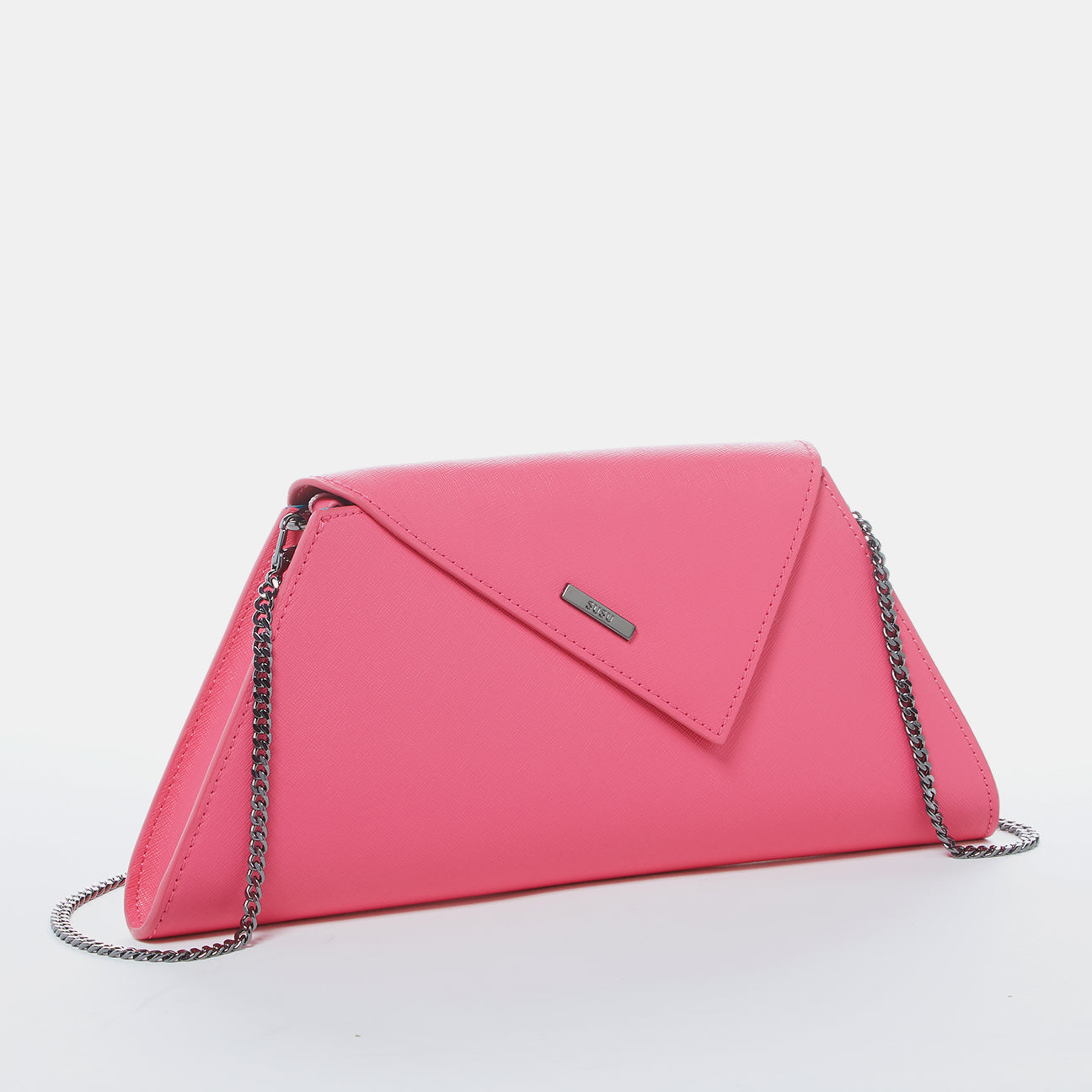 Angelica Hot Pink Leather Clutch Bag with diagonal flap and teal lining, featuring a removable chain strap.