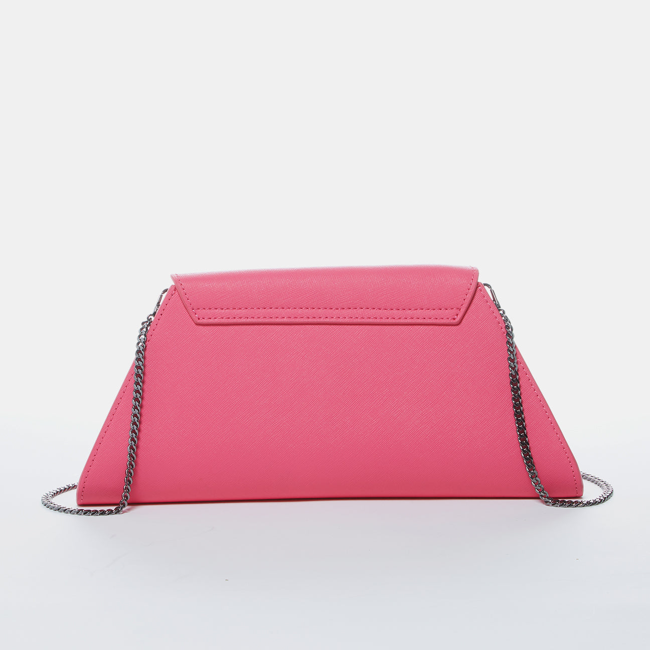 Angelica Hot Pink Leather Clutch Bag with diagonal flap and teal lining, featuring a removable chain strap.