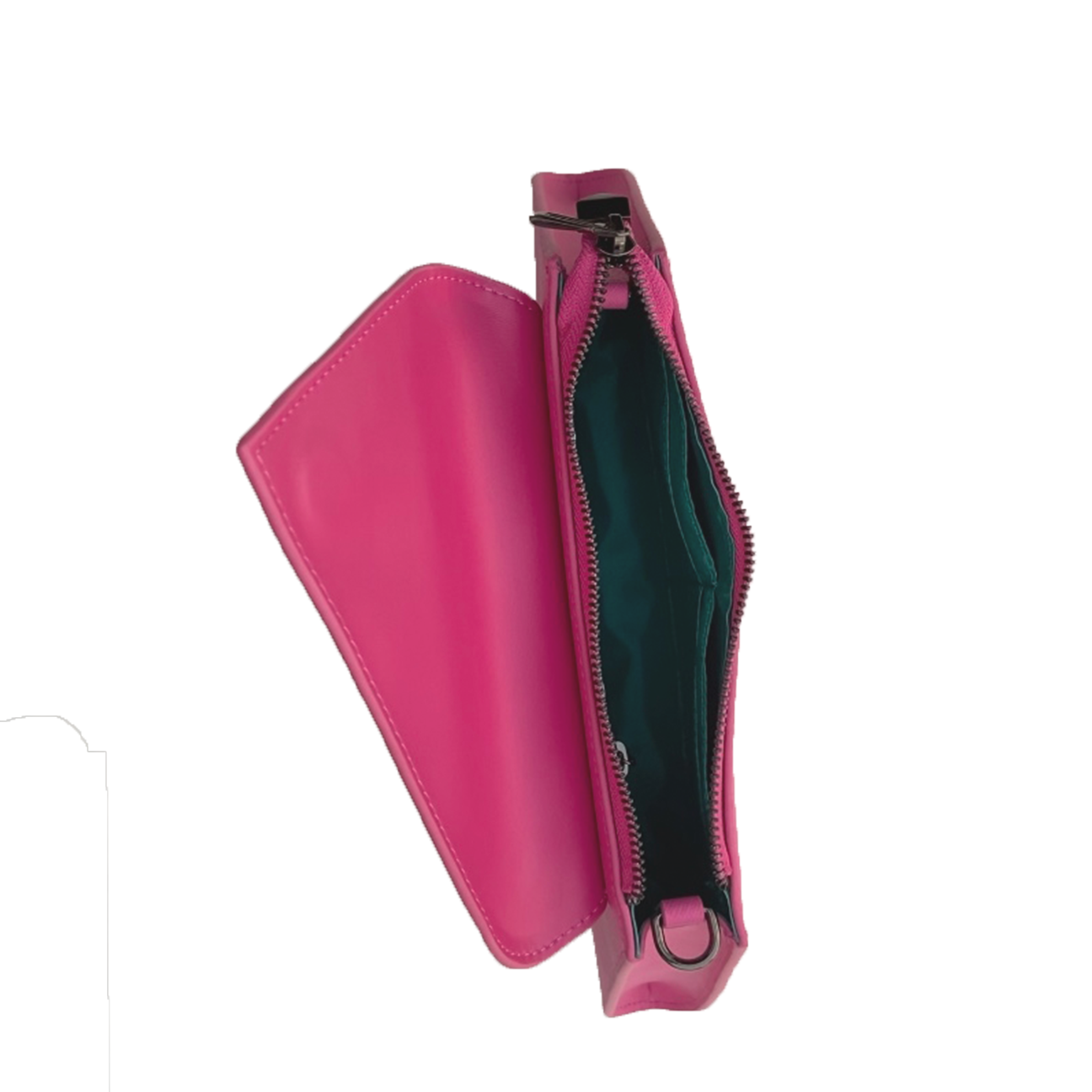 Angelica Hot Pink Leather Clutch Bag with diagonal flap and teal lining, featuring a removable chain strap.