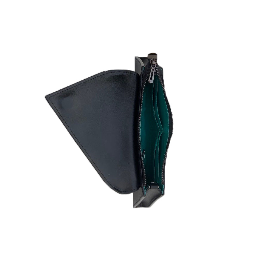 Angelica Leather Clutch in Black Snakeskin with teal interior and removable chain strap, showcasing unique snakeskin-embossed flap.