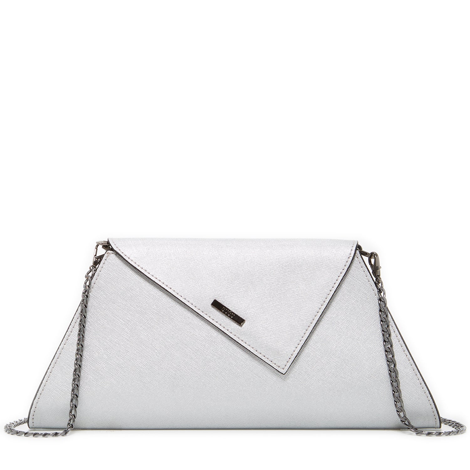 Angelica Metallic Silver Clutch made from Saffiano leather with a diagonal flap and removable chain strap, perfect for evening events.