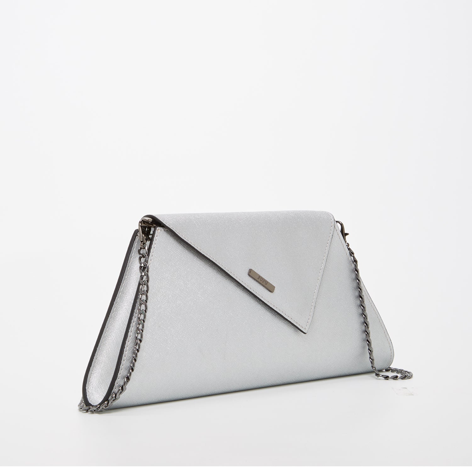 Angelica Metallic Silver Clutch made from Saffiano leather with a diagonal flap and removable chain strap, perfect for evening events.