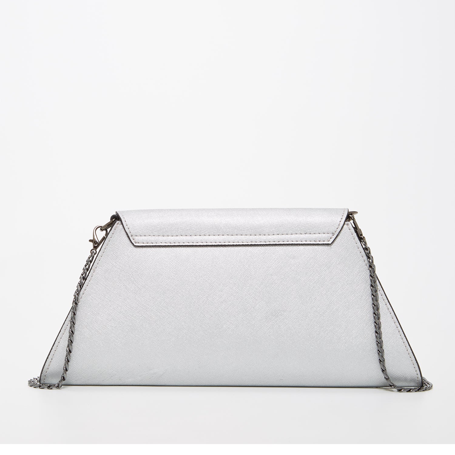 Angelica Metallic Silver Clutch made from Saffiano leather with a diagonal flap and removable chain strap, perfect for evening events.