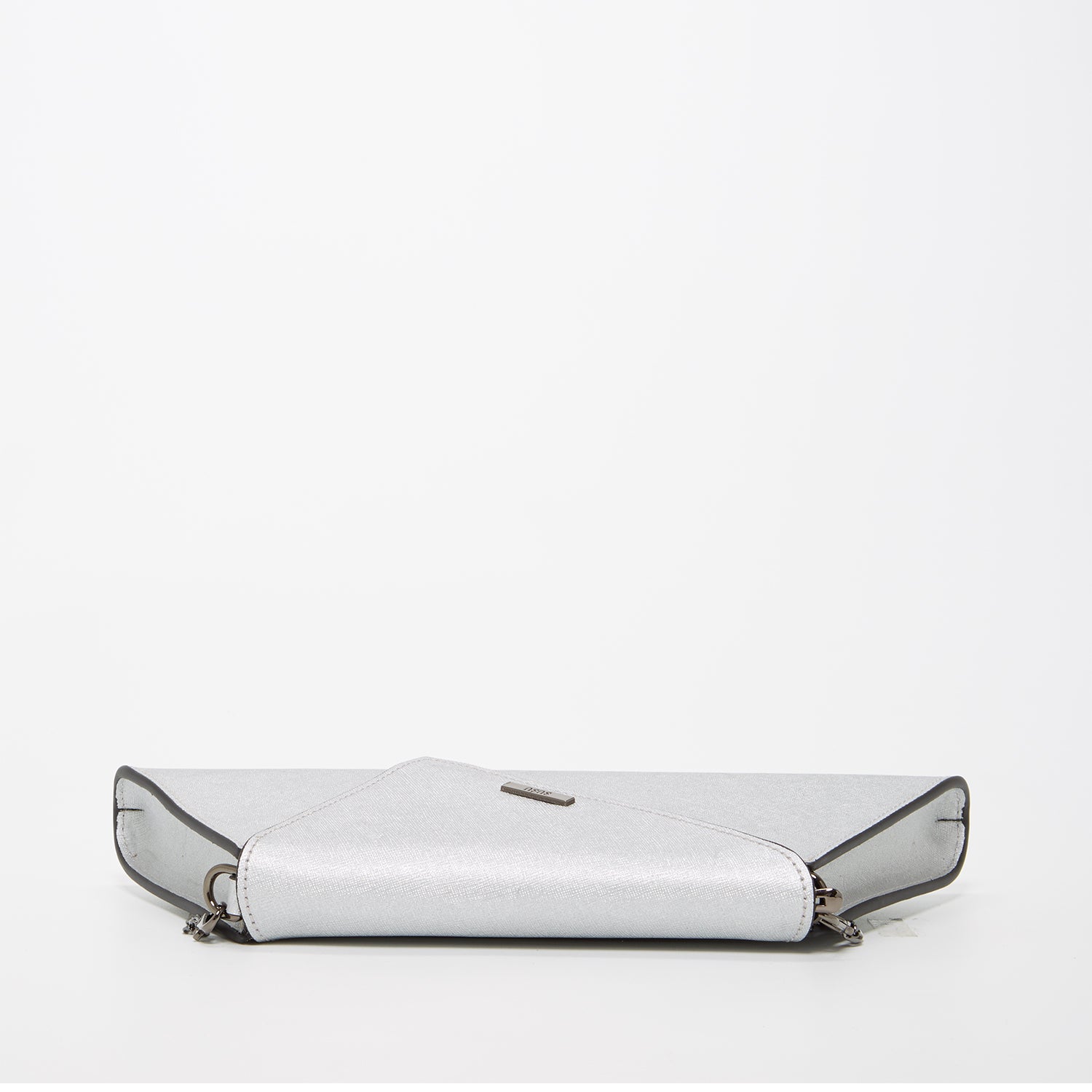 Angelica Metallic Silver Clutch made from Saffiano leather with a diagonal flap and removable chain strap, perfect for evening events.