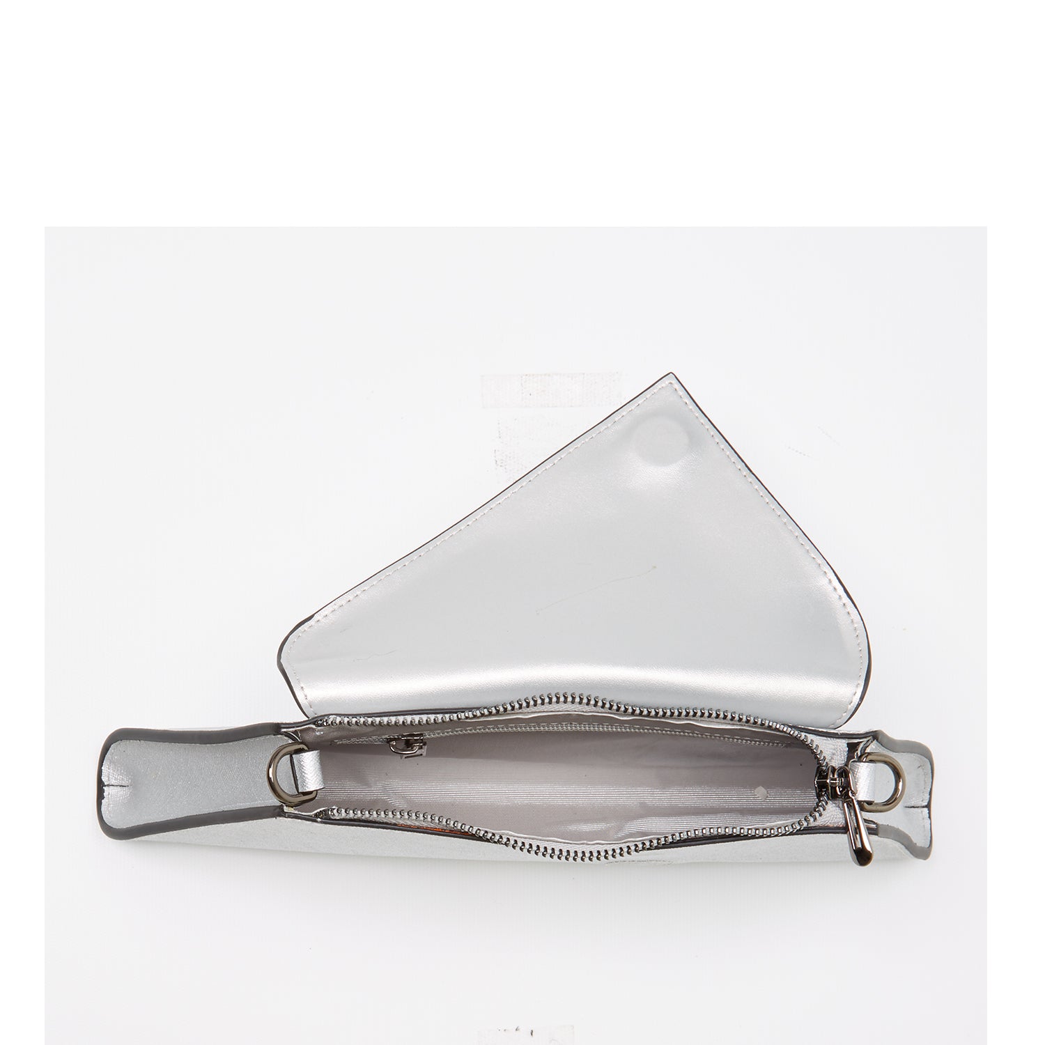 Angelica Metallic Silver Clutch made from Saffiano leather with a diagonal flap and removable chain strap, perfect for evening events.