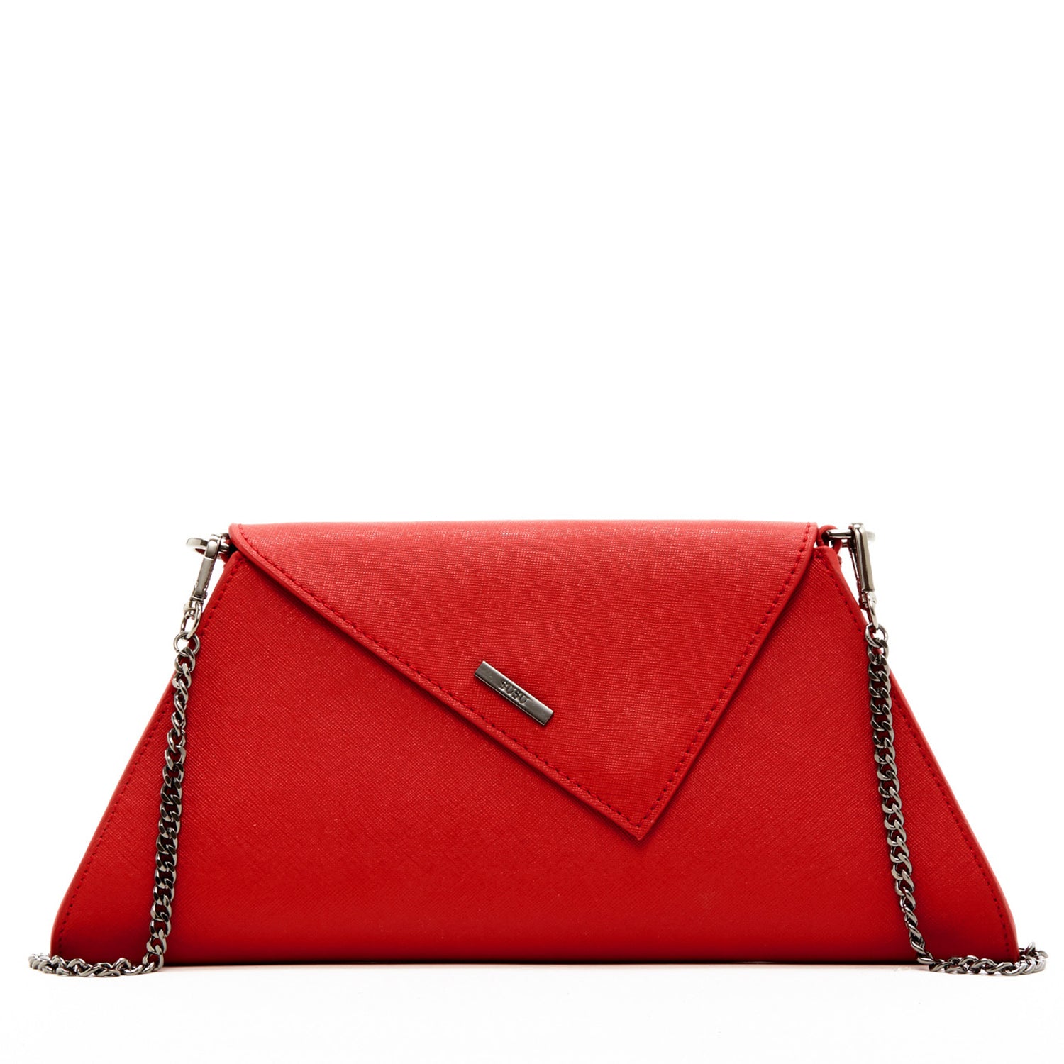 Angelica Red Clutch Purse made from Saffiano leather with a diagonal flap and removable chain strap.