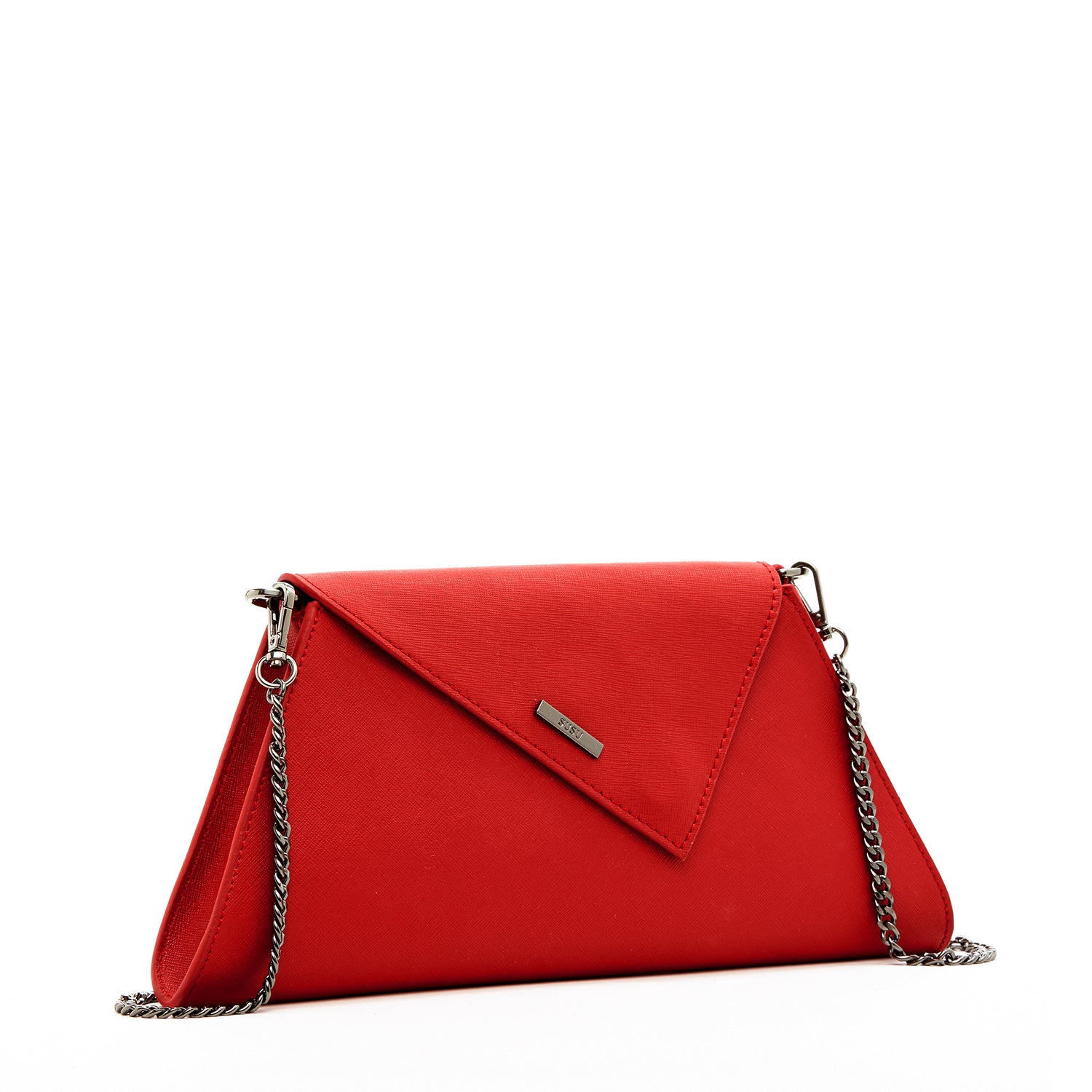 Angelica Red Clutch Purse made from Saffiano leather with a diagonal flap and removable chain strap.