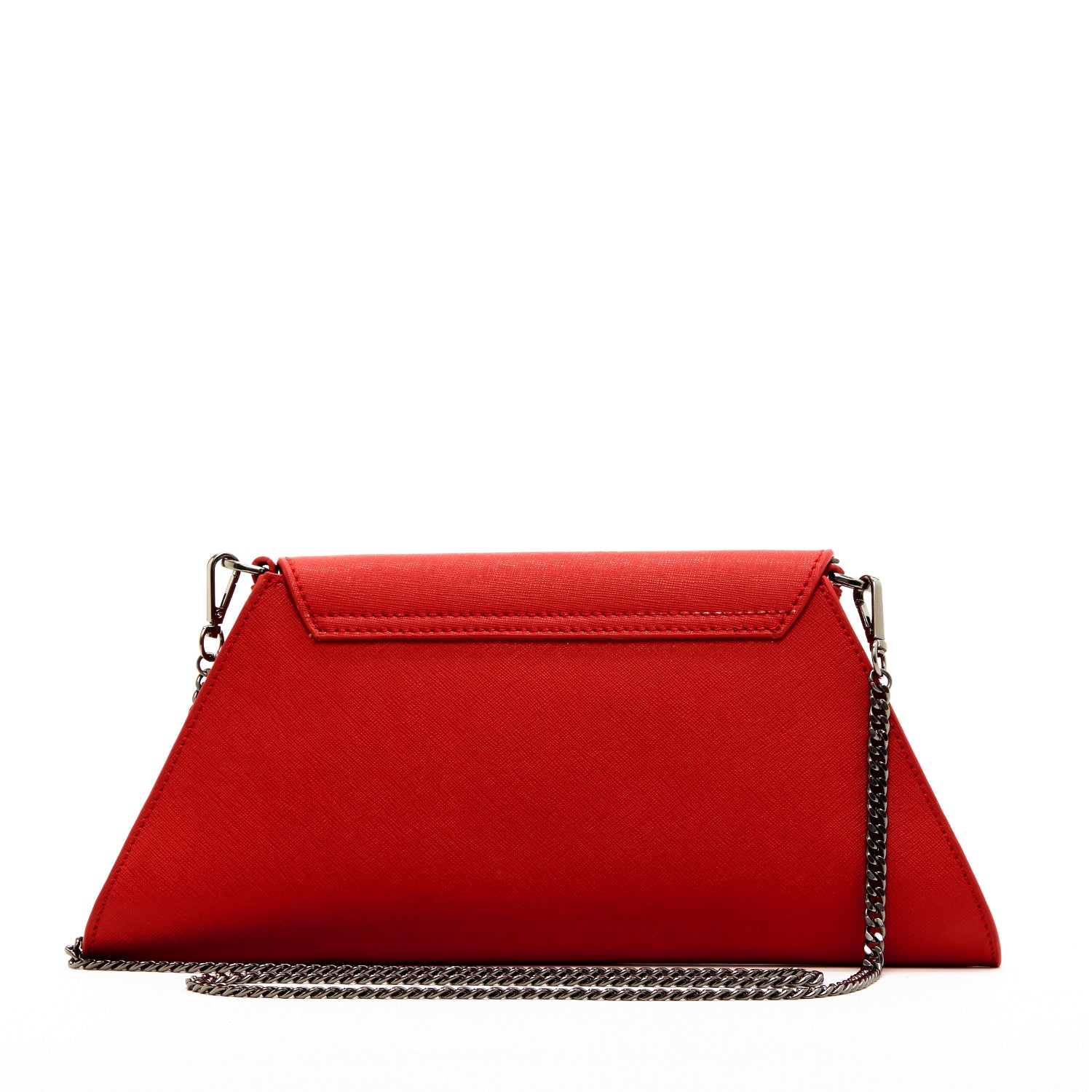 Angelica Red Clutch Purse made from Saffiano leather with a diagonal flap and removable chain strap.