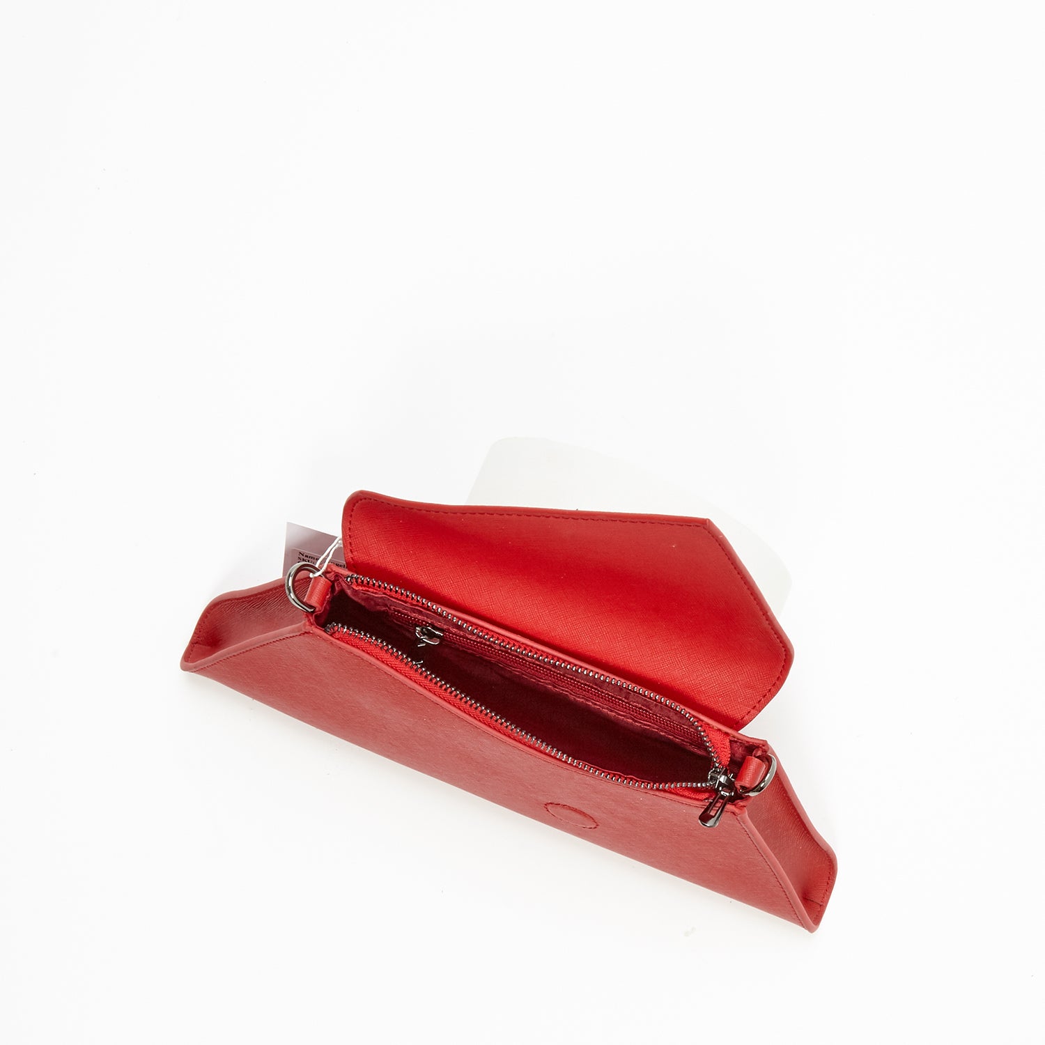 Angelica Red Clutch Purse made from Saffiano leather with a diagonal flap and removable chain strap.