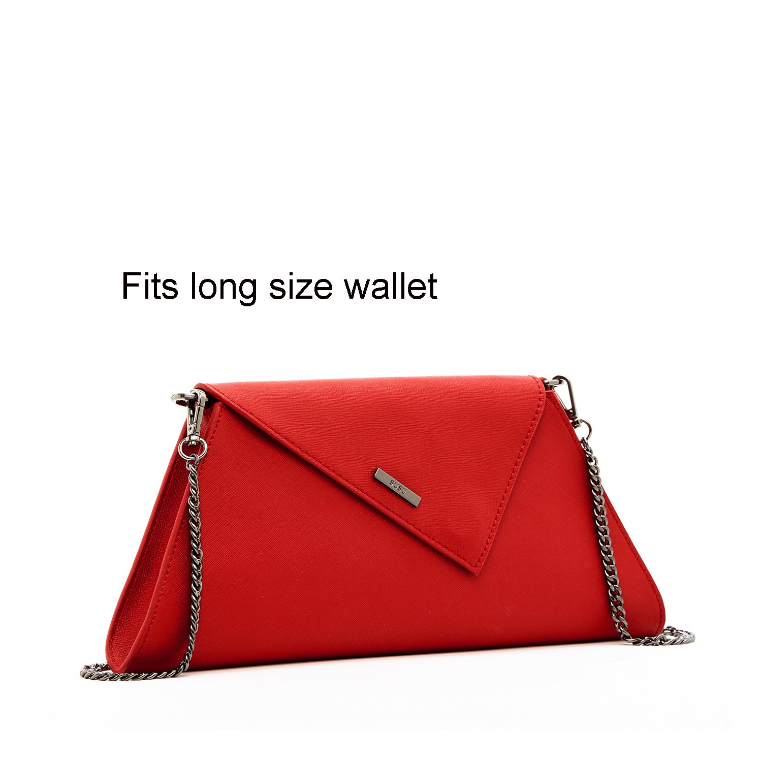 Angelica Red Clutch Purse made from Saffiano leather with a diagonal flap and removable chain strap.