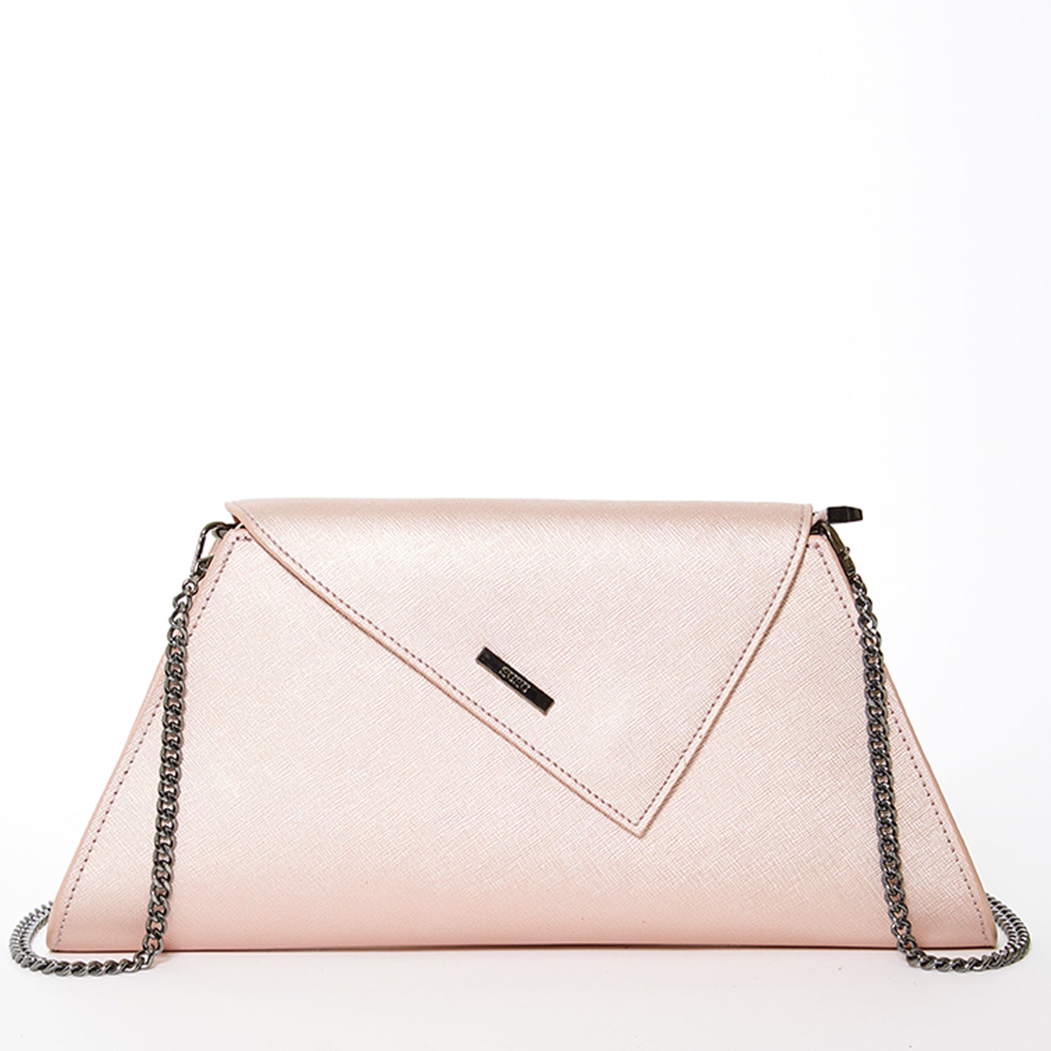 Angelica Rose Gold Metallic Clutch with diagonal flap, crosshatched leather, and removable chain strap, showcasing a chic design.