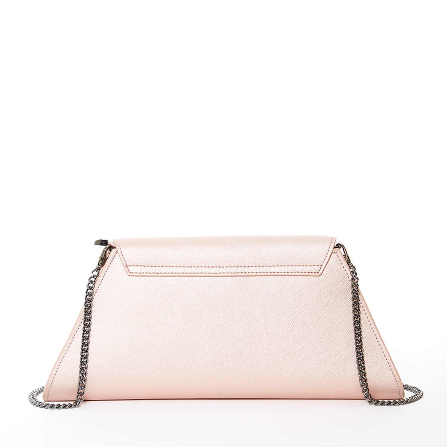 Angelica Rose Gold Metallic Clutch with diagonal flap, crosshatched leather, and removable chain strap, showcasing a chic design.