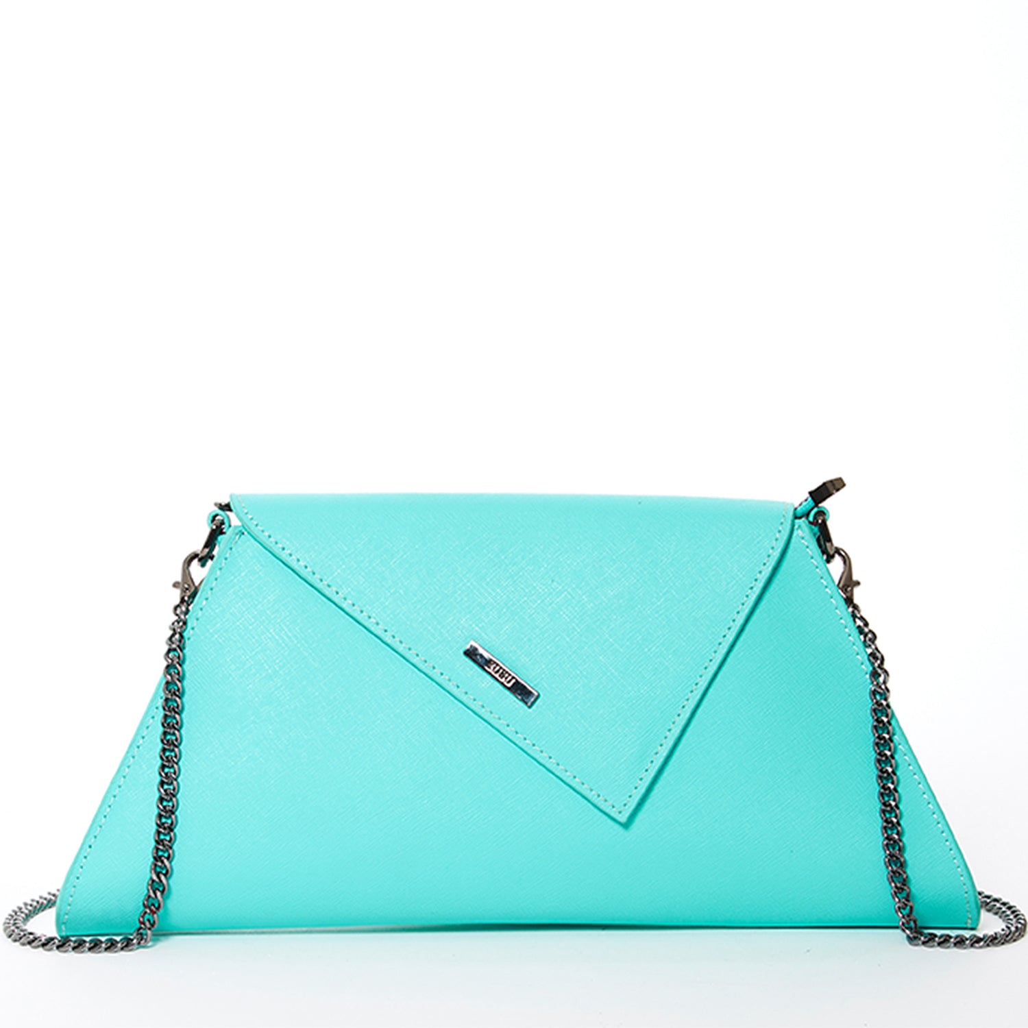 Angelica Turquoise Clutch Leather with diagonal flap, teal lining, and gunmetal hardware, showcasing its stylish design and functionality.