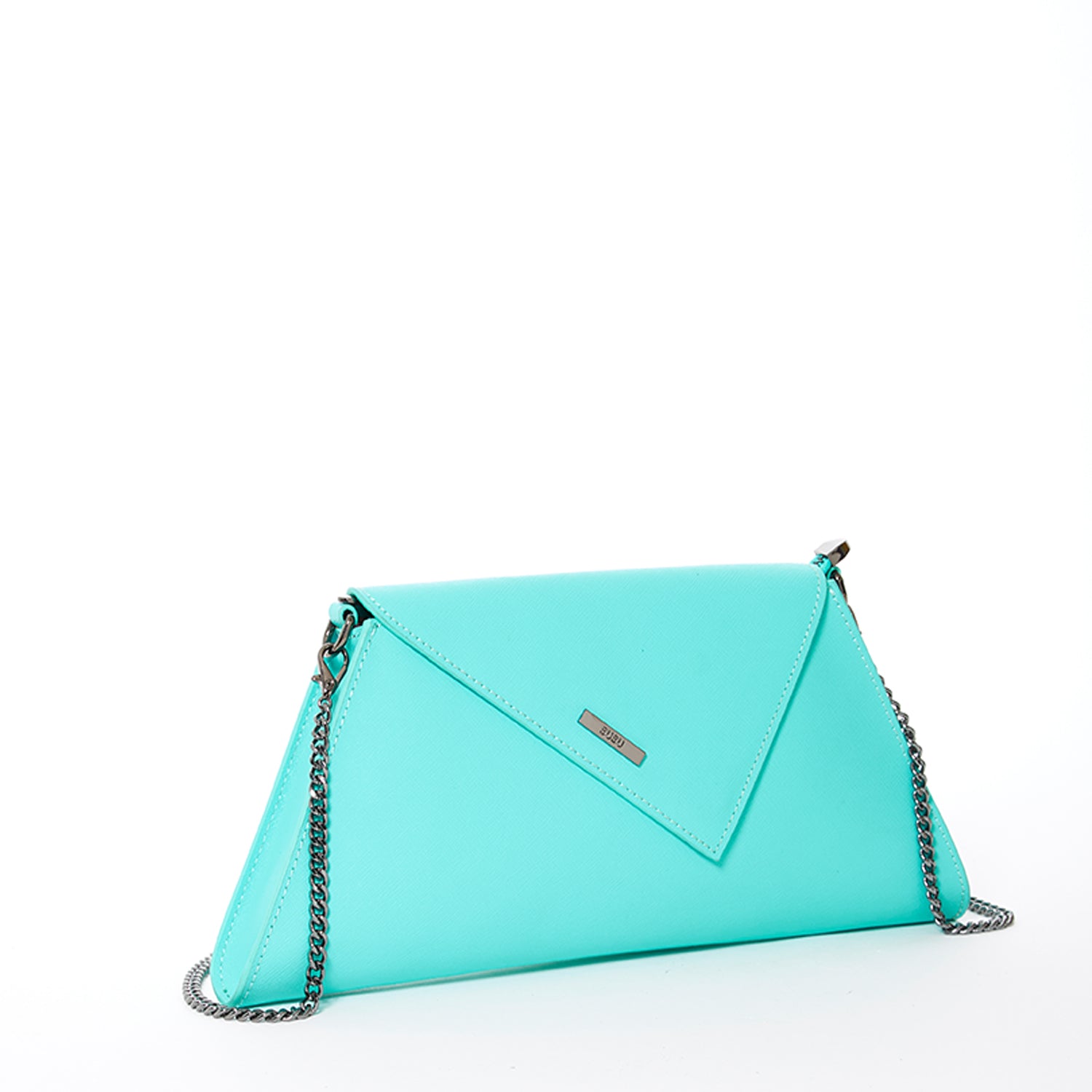 Angelica Turquoise Clutch Leather with diagonal flap, teal lining, and gunmetal hardware, showcasing its stylish design and functionality.