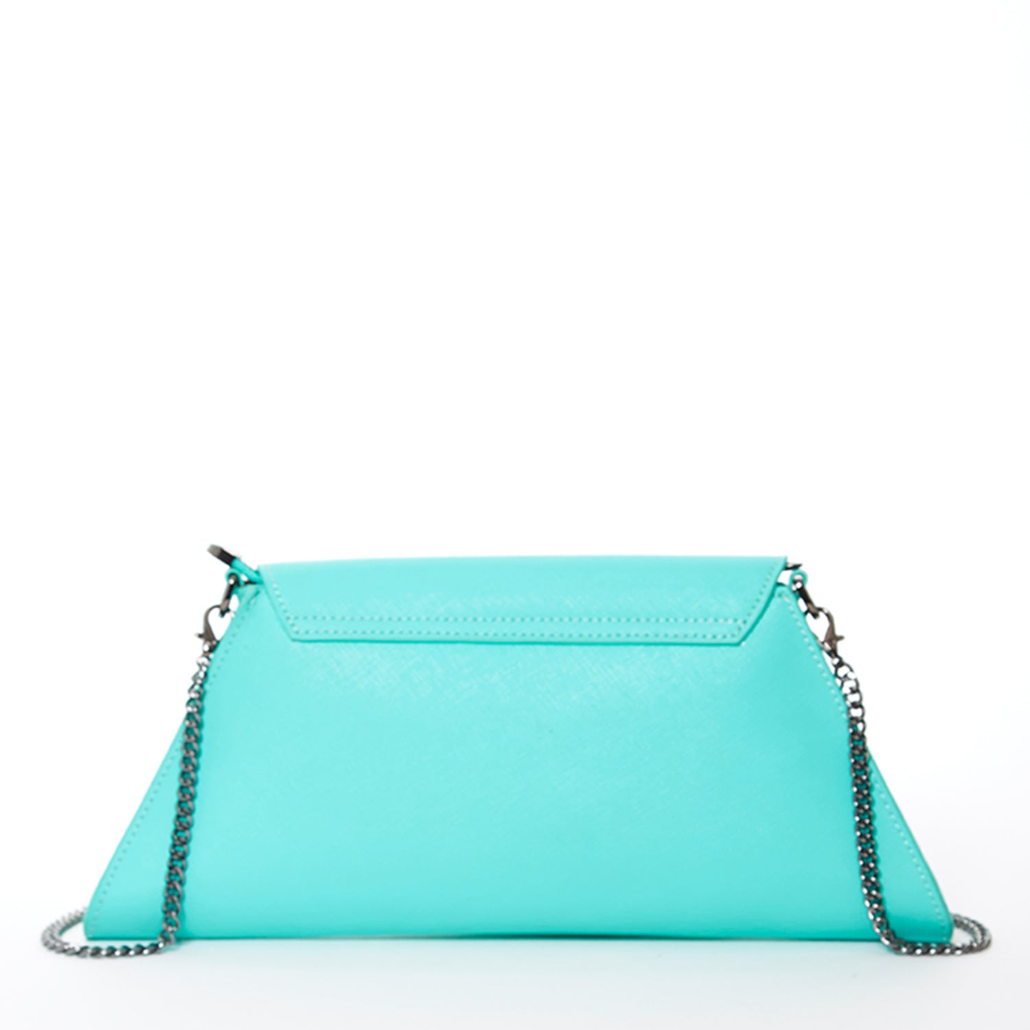 Angelica Turquoise Clutch Leather with diagonal flap, teal lining, and gunmetal hardware, showcasing its stylish design and functionality.