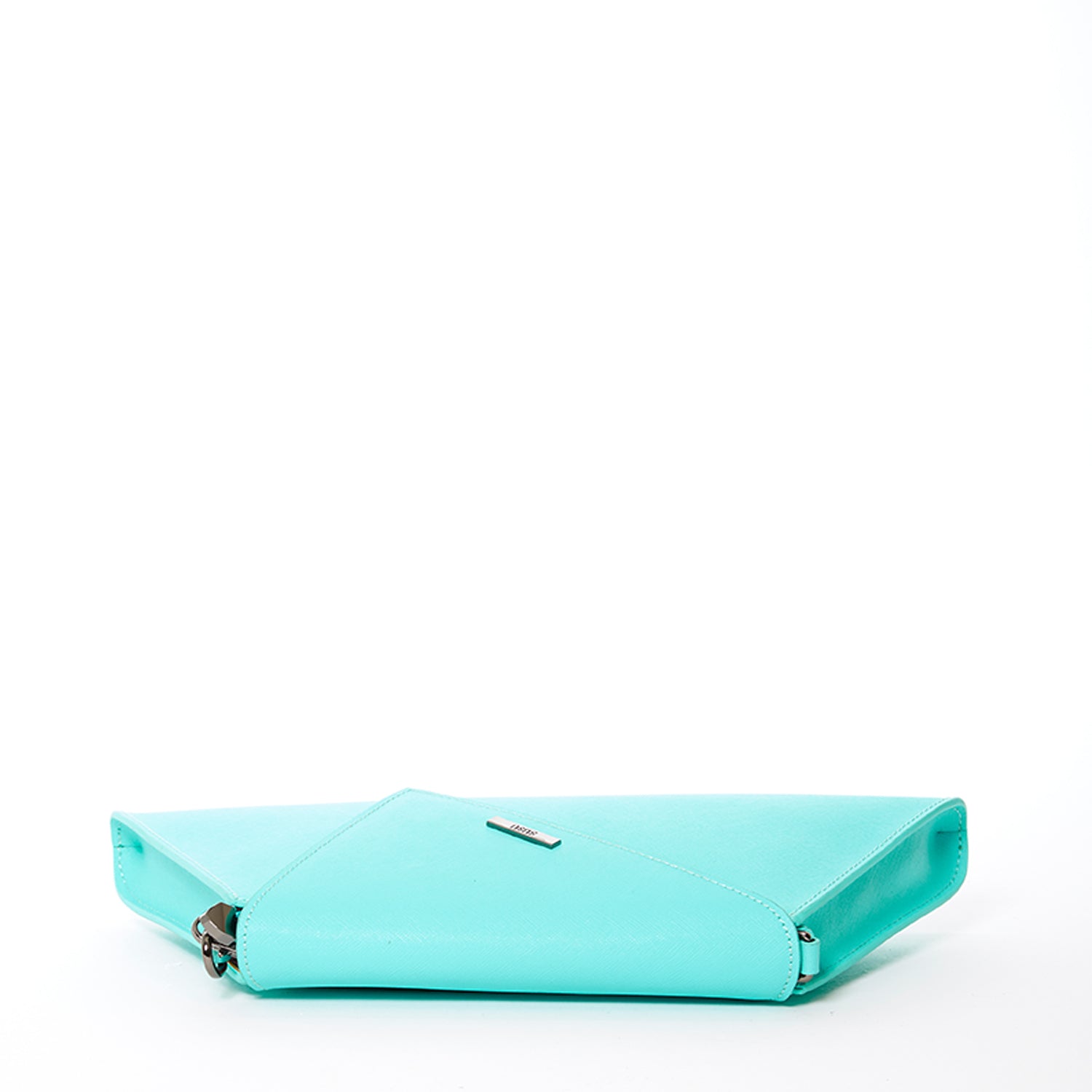 Angelica Turquoise Clutch Leather with diagonal flap, teal lining, and gunmetal hardware, showcasing its stylish design and functionality.