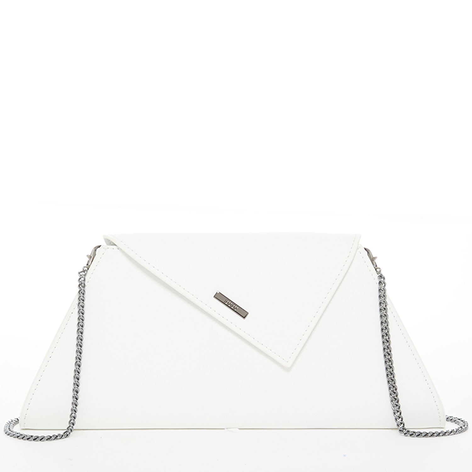 Angelica White Leather Clutch Bag made from Saffiano leather with a diagonal flap and teal interior.