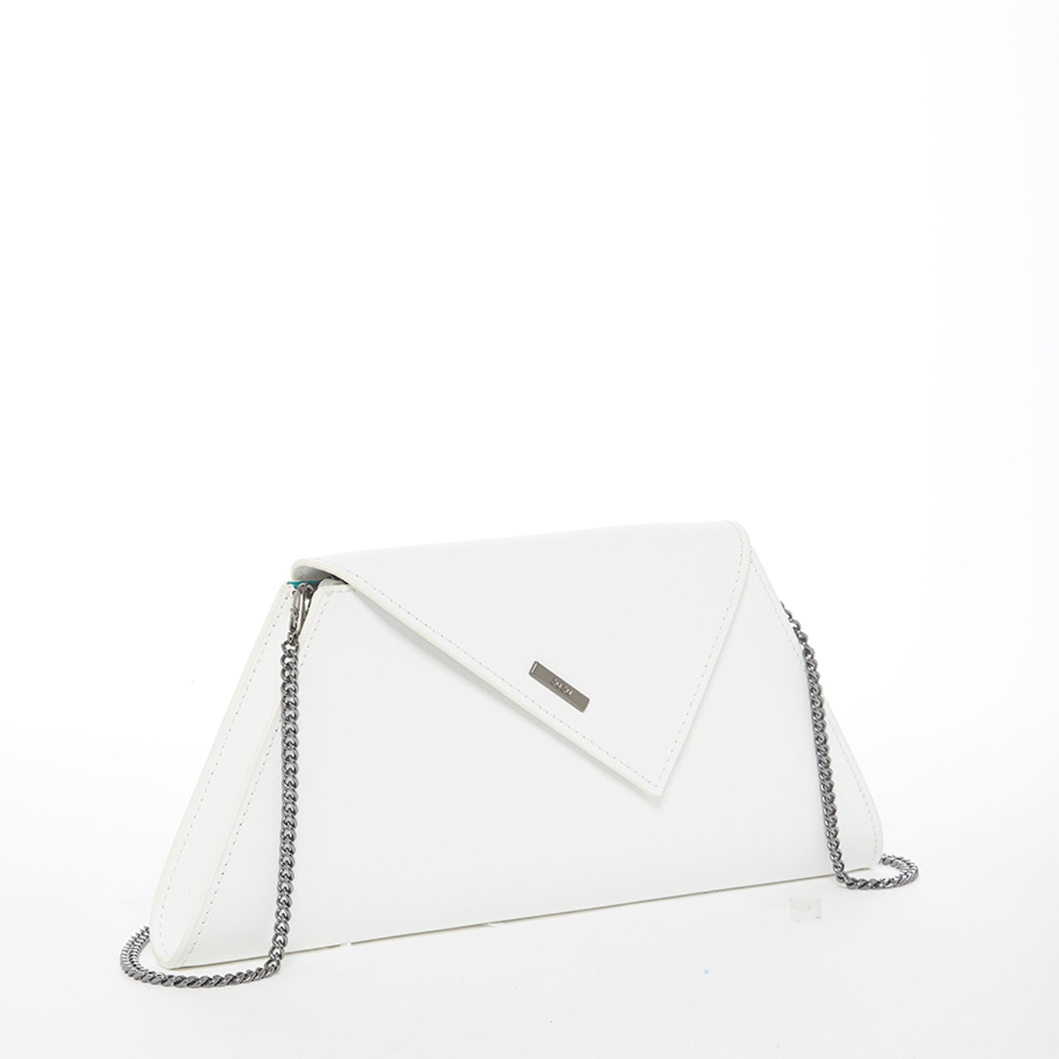 Angelica White Leather Clutch Bag made from Saffiano leather with a diagonal flap and teal interior.