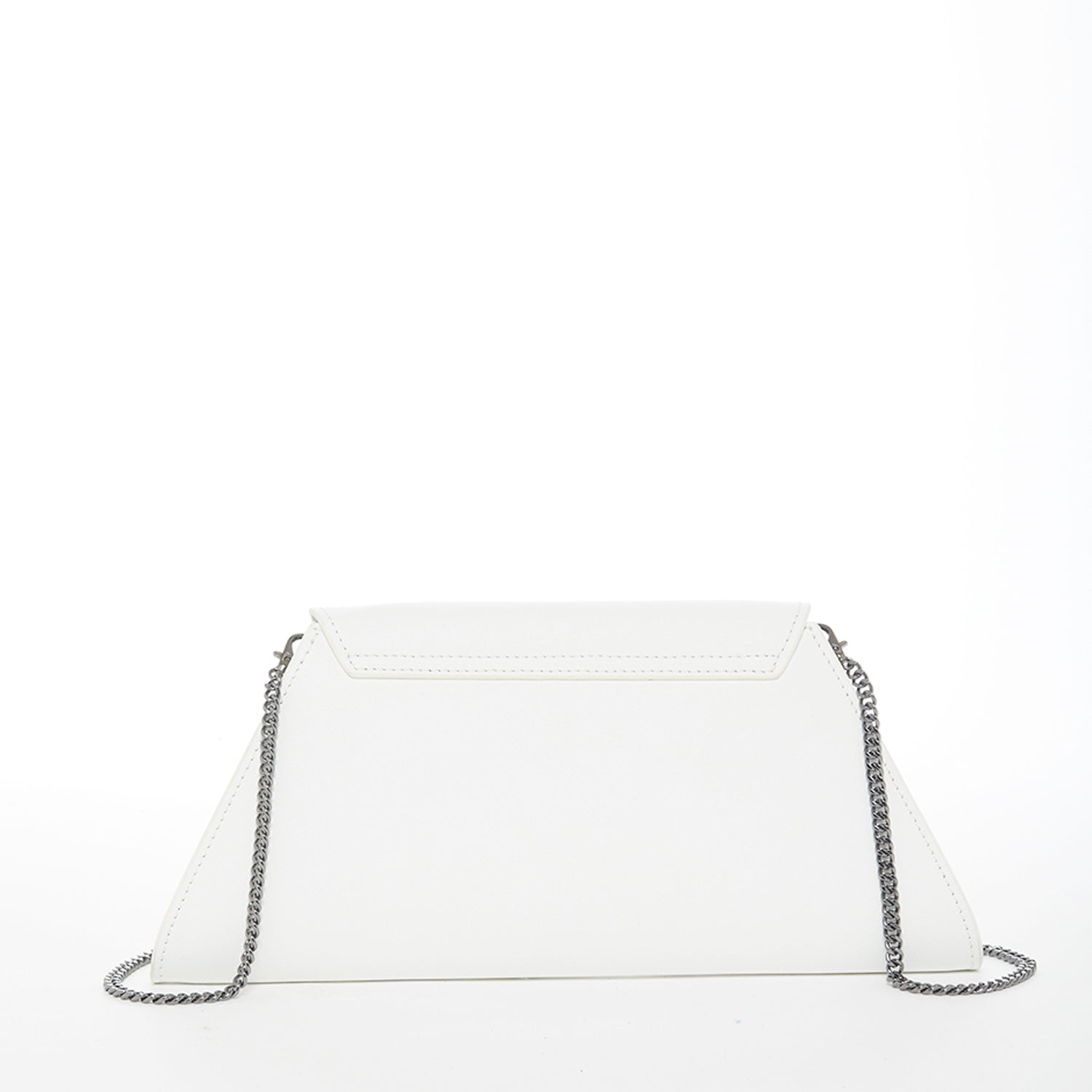 Angelica White Leather Clutch Bag made from Saffiano leather with a diagonal flap and teal interior.