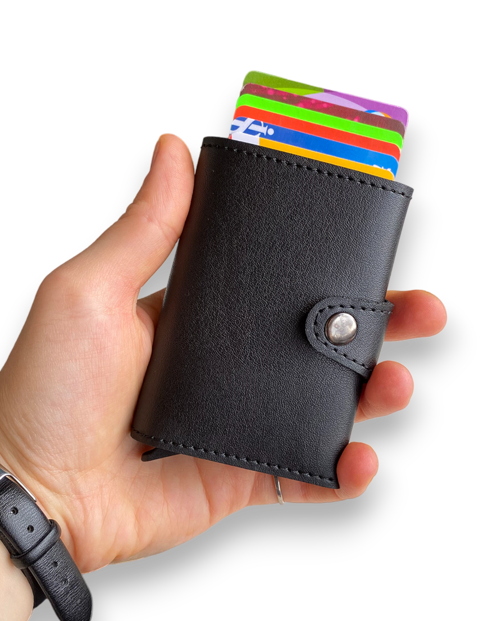 Angora Vegan Leather RFID Mechanism Card Holder in burgundy, navy, and black, showcasing its sleek design and pop-up card feature.