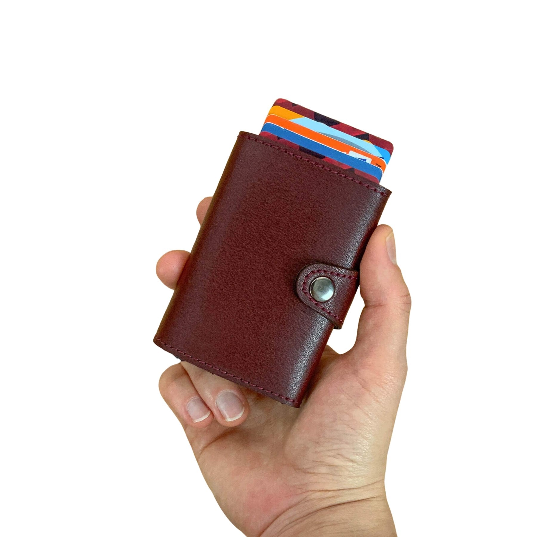 Angora Vegan Leather RFID Mechanism Card Holder in burgundy, navy, and black, showcasing its sleek design and pop-up card feature.