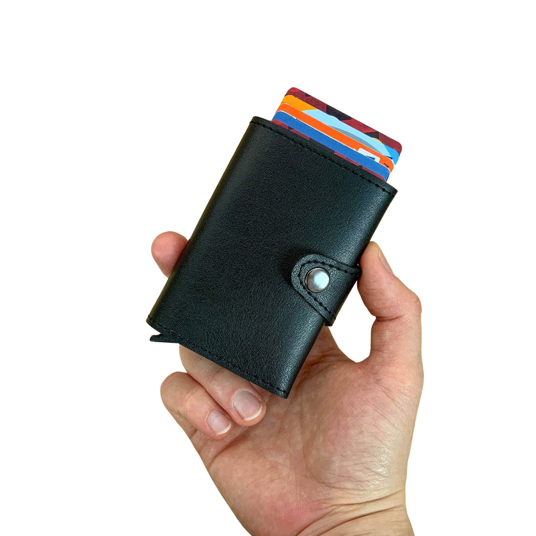 Angora Vegan Leather RFID Mechanism Card Holder in burgundy, navy, and black, showcasing its sleek design and pop-up card feature.