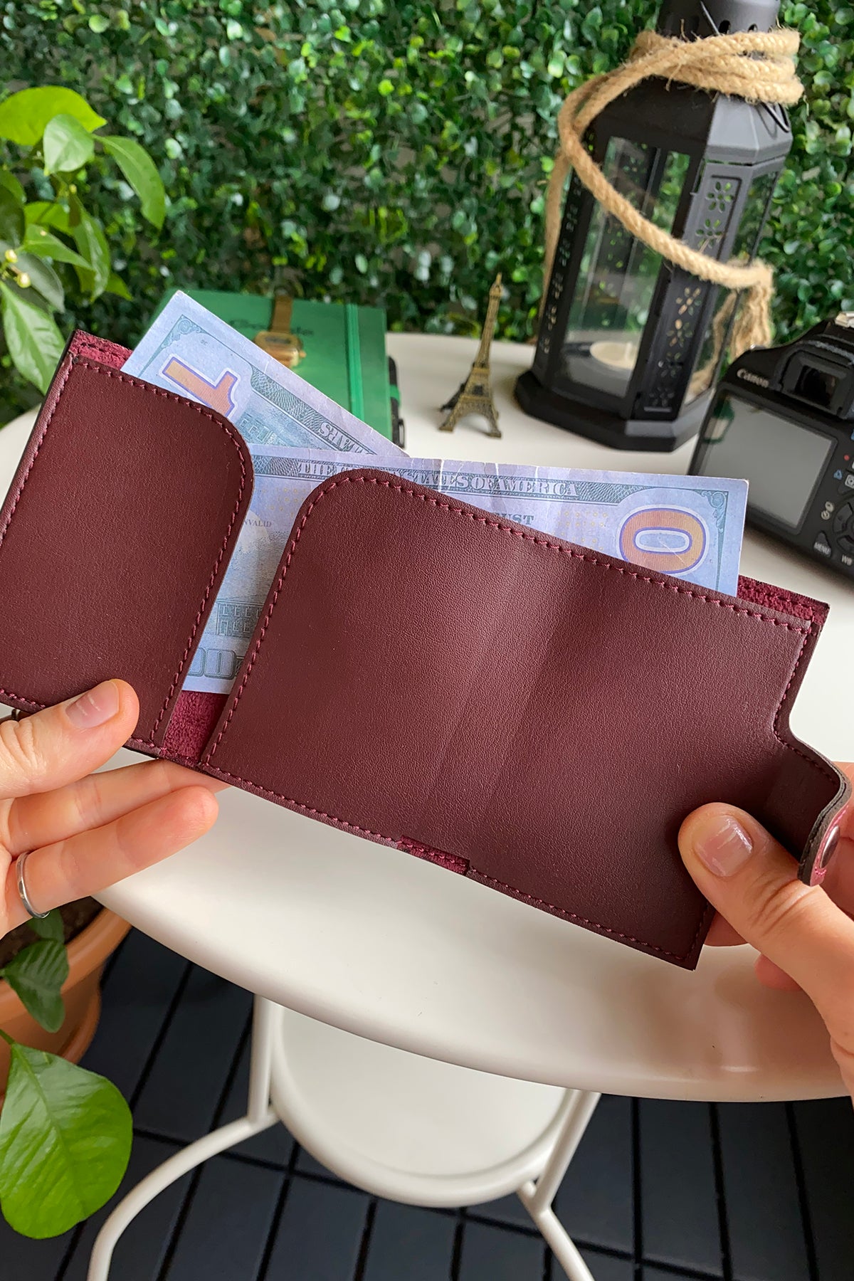 Angora Vegan Leather RFID Mechanism Card Holder in burgundy, navy, and black, showcasing its sleek design and pop-up card feature.