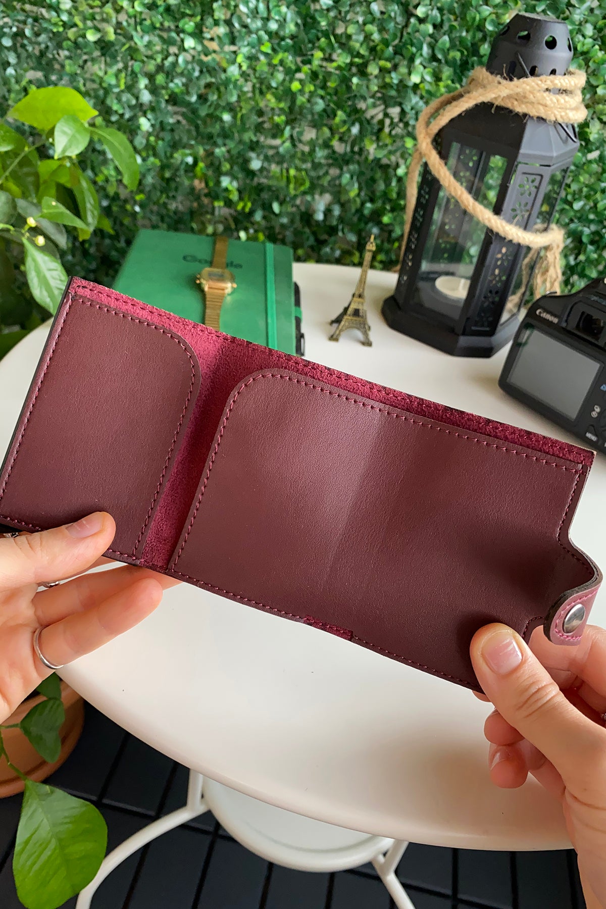 Angora Vegan Leather RFID Mechanism Card Holder in burgundy, navy, and black, showcasing its sleek design and pop-up card feature.