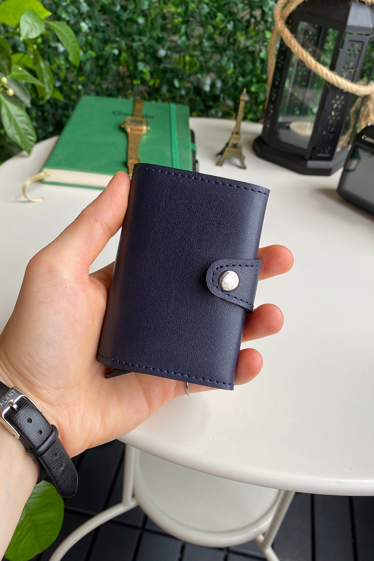 Angora Vegan Leather RFID Mechanism Card Holder in burgundy, navy, and black, showcasing its sleek design and pop-up card feature.