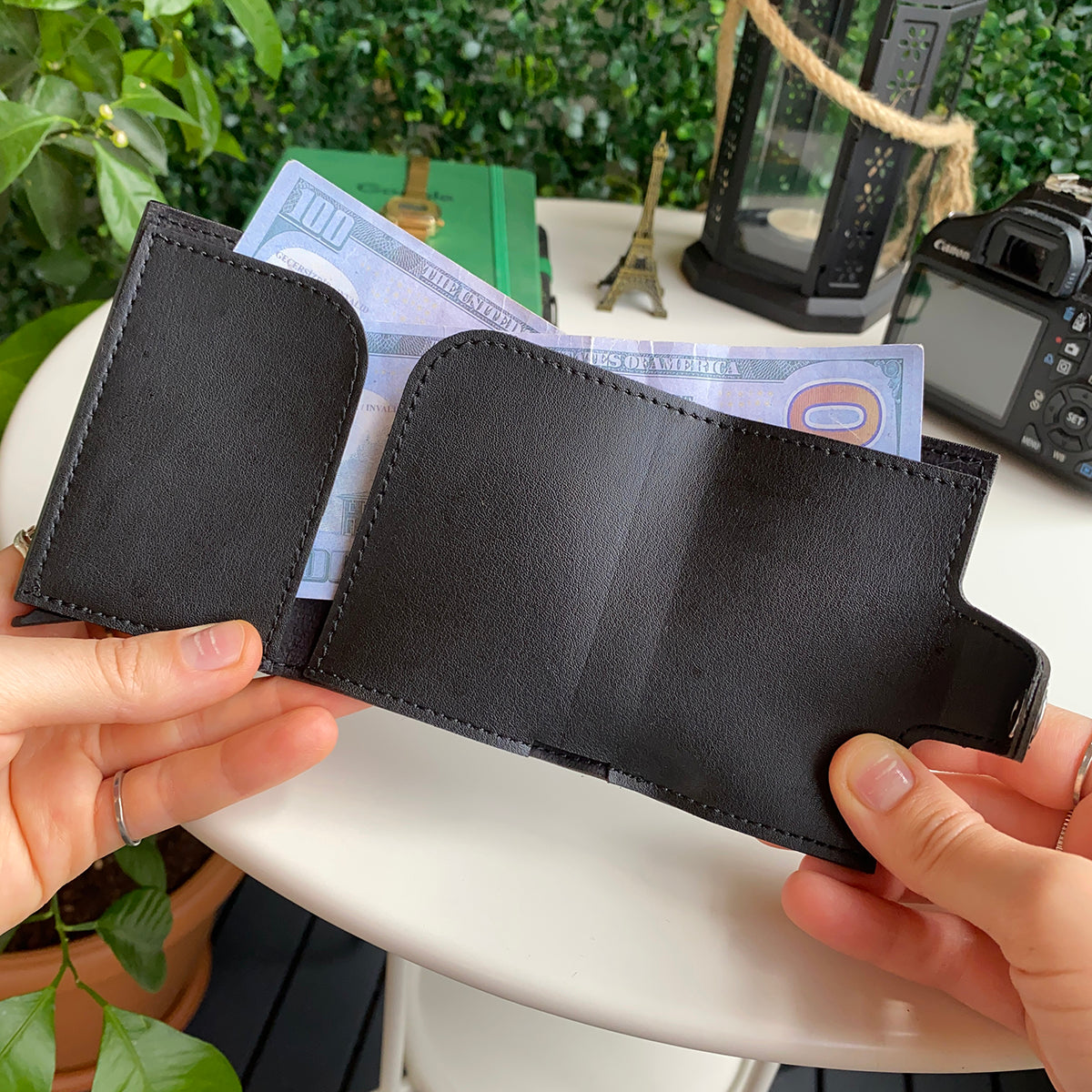 Angora Vegan Leather RFID Mechanism Card Holder in burgundy, navy, and black, showcasing its sleek design and pop-up card feature.