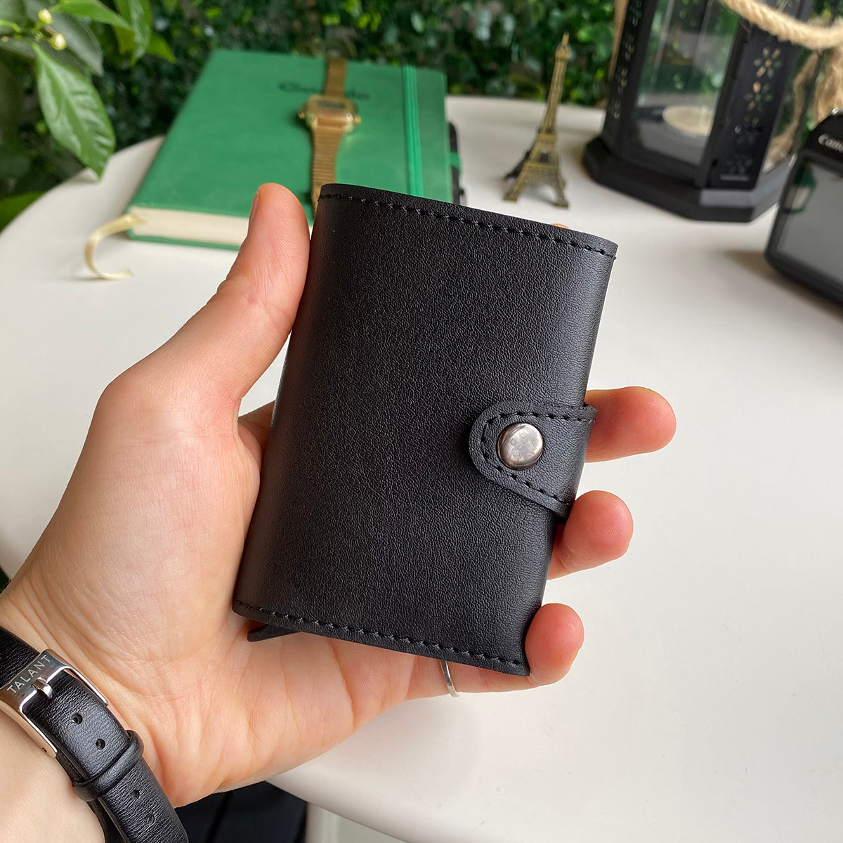 Angora Vegan Leather RFID Mechanism Card Holder in burgundy, navy, and black, showcasing its sleek design and pop-up card feature.