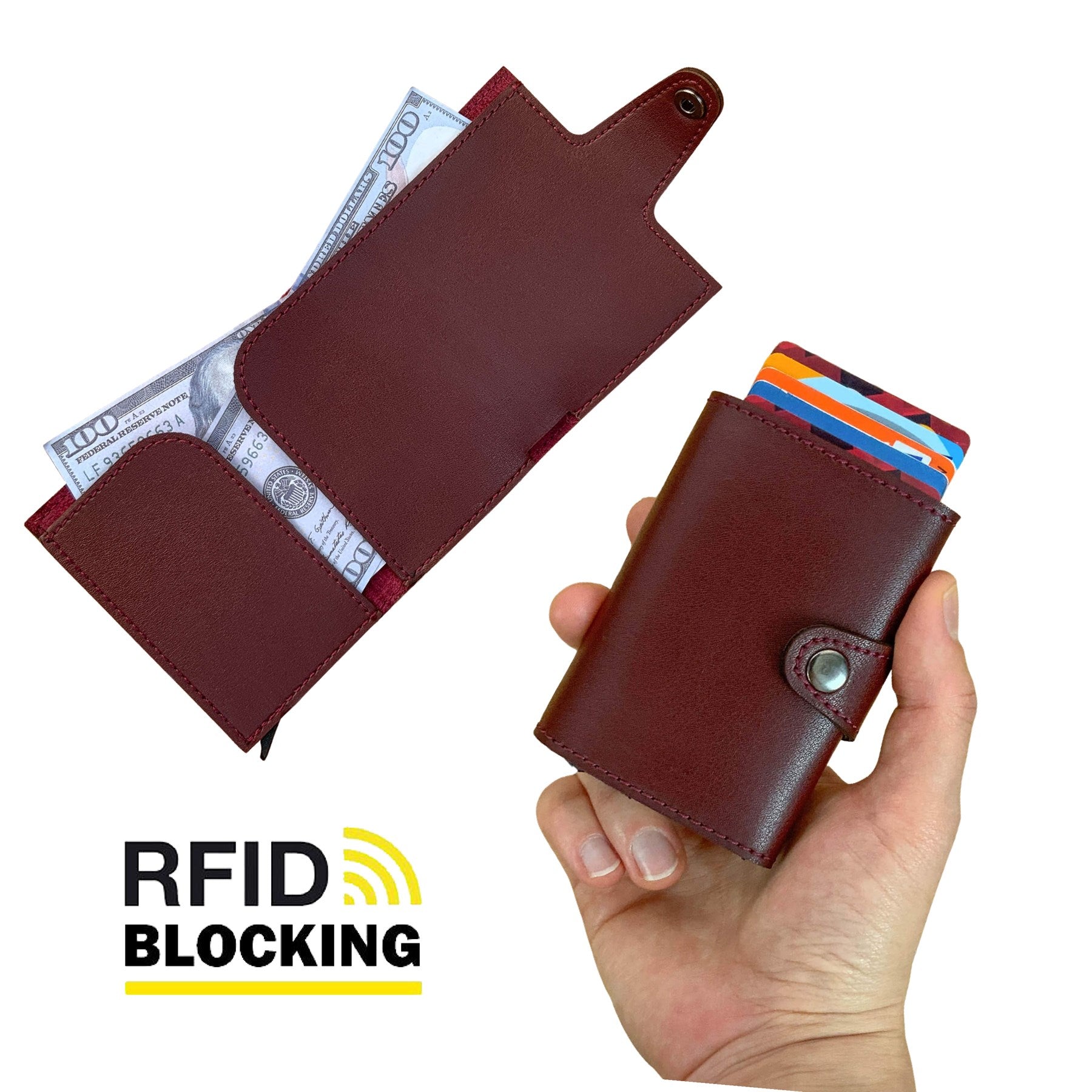 Angora Vegan Leather RFID Mechanism Card Holder in burgundy, navy, and black, showcasing its sleek design and pop-up card feature.